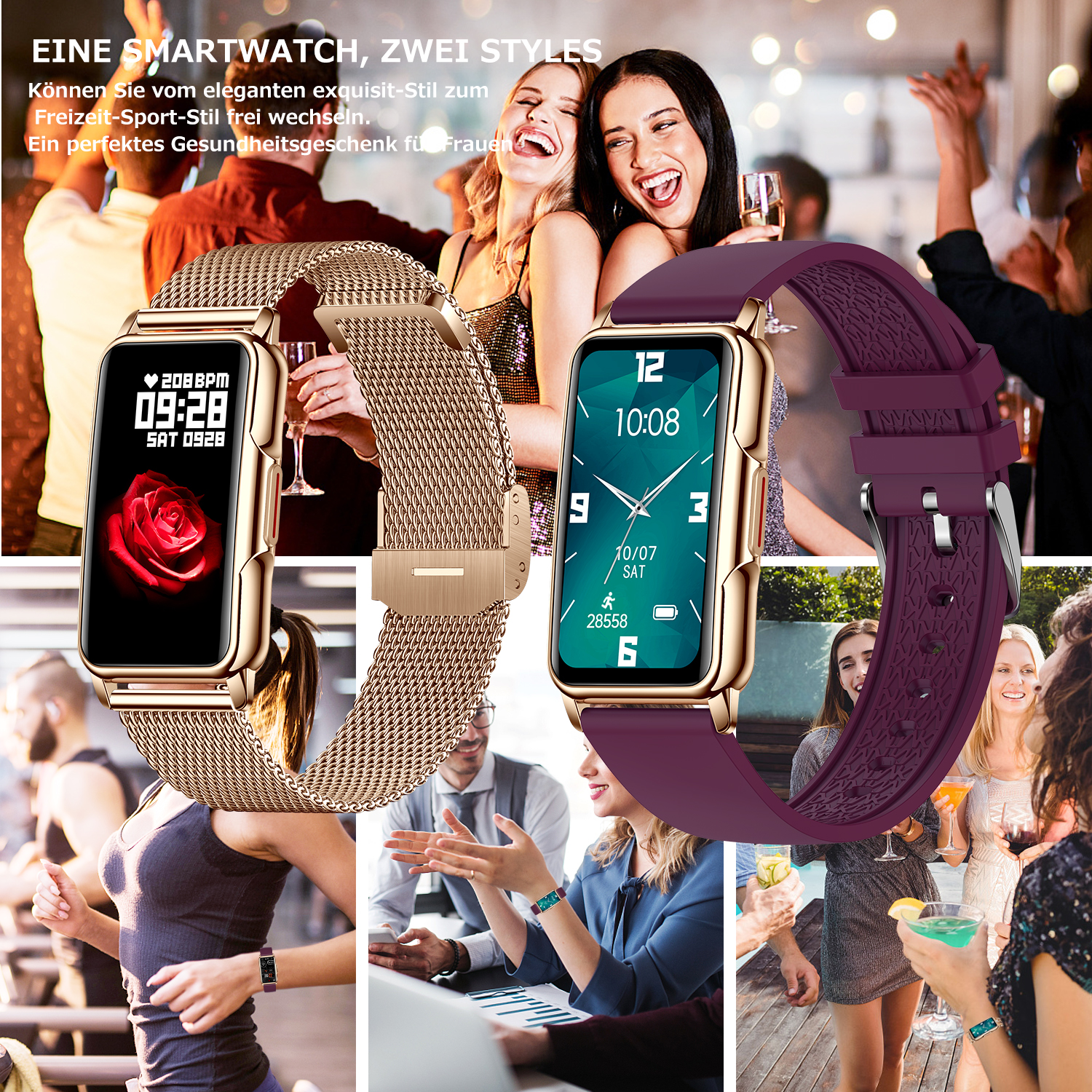 Zwei Smartwatches, gold und lila, an Handgelenken. Menschen in verschiedenen Umgebungen tragen sie.