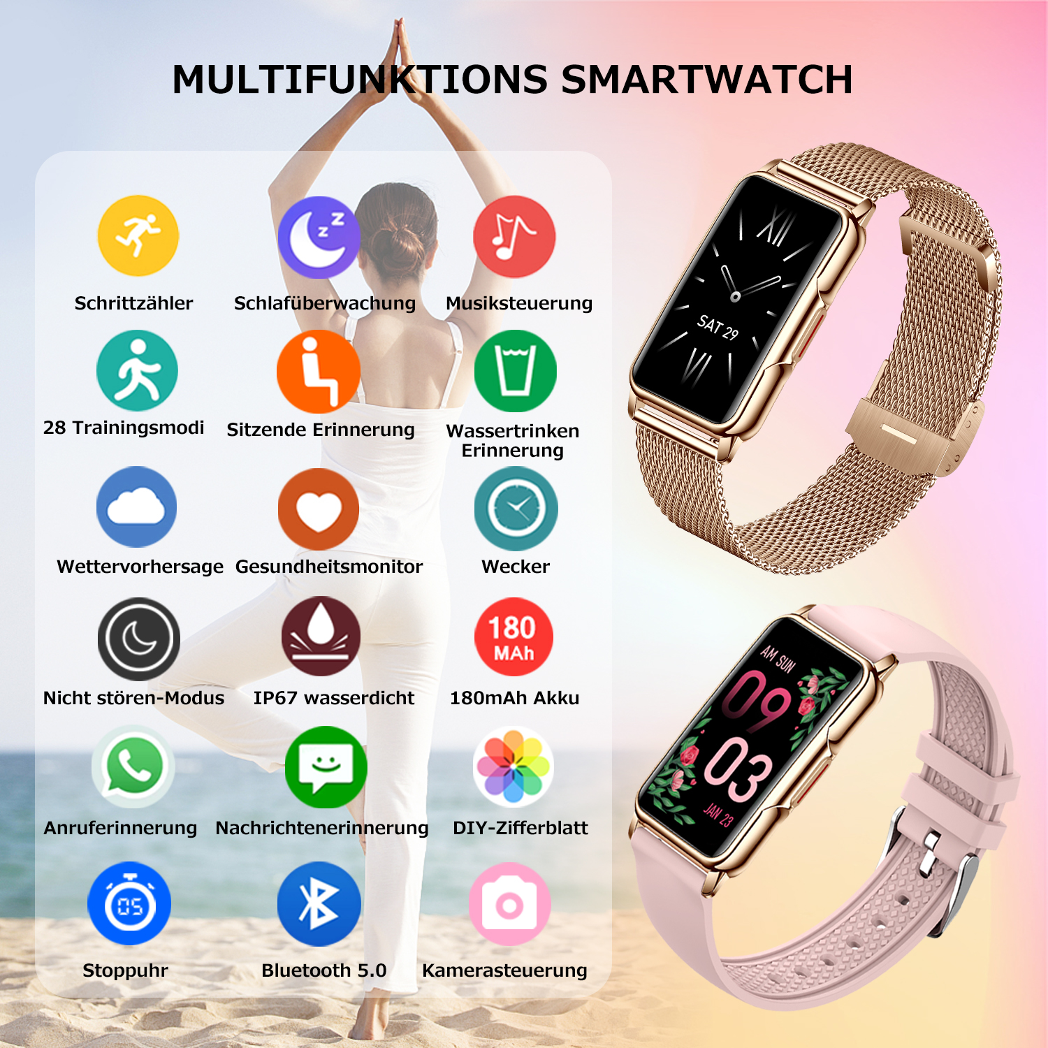 Smartwatch mit vielfältigen Funktionen, darunter Gesundheitsüberwachung und Fitnessmodi.
