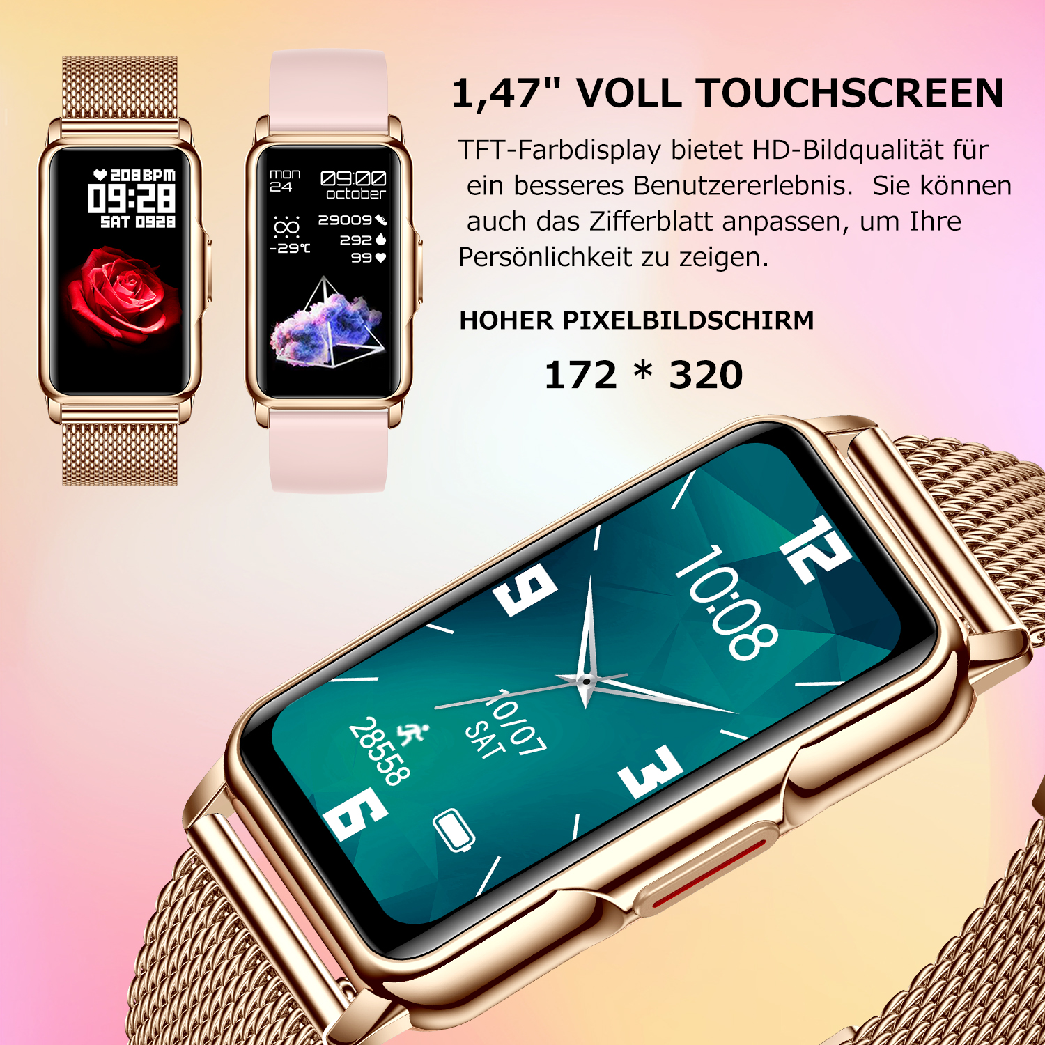 Drei Smartwatches mit goldenen Bändern, eine mit Rosenanzeige, zwei mit Daten, goldener Hintergrund.