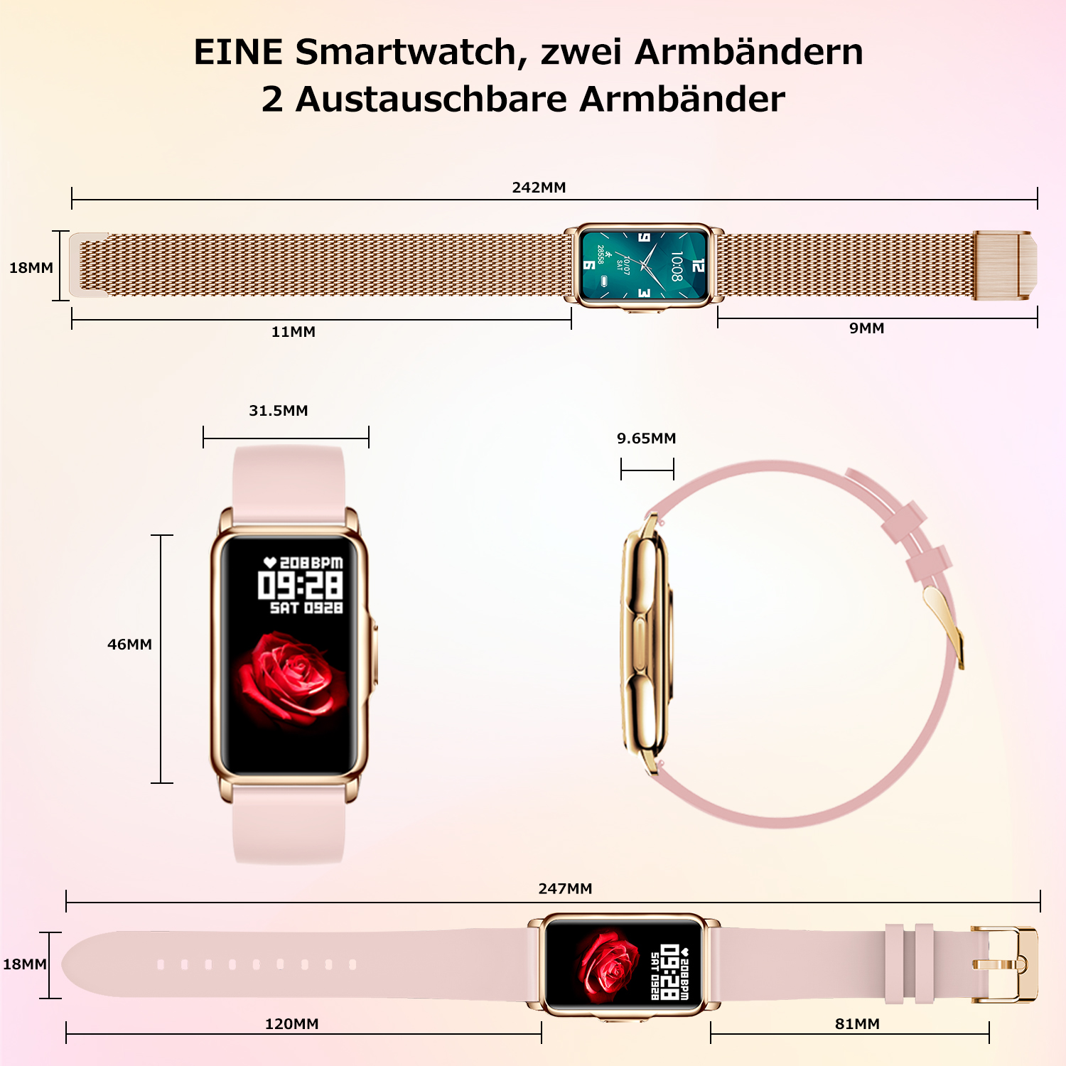 Smartwatch und zwei austauschbare Armbänder. Eines ist ein Mesh-Band, das andere rosa Gummi.