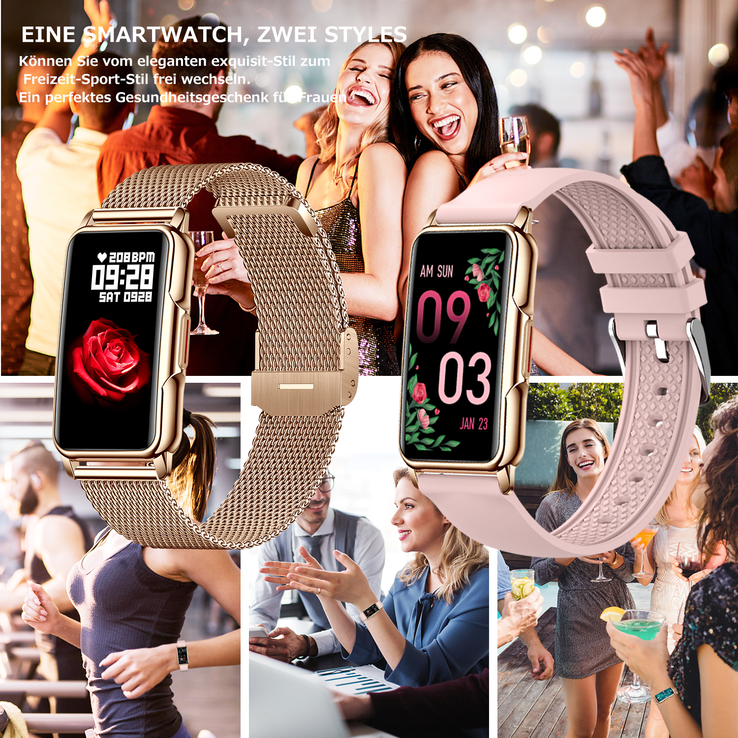 Smartwatches mit goldenem und pinkfarbenem Armband, Personen benutzen sie.