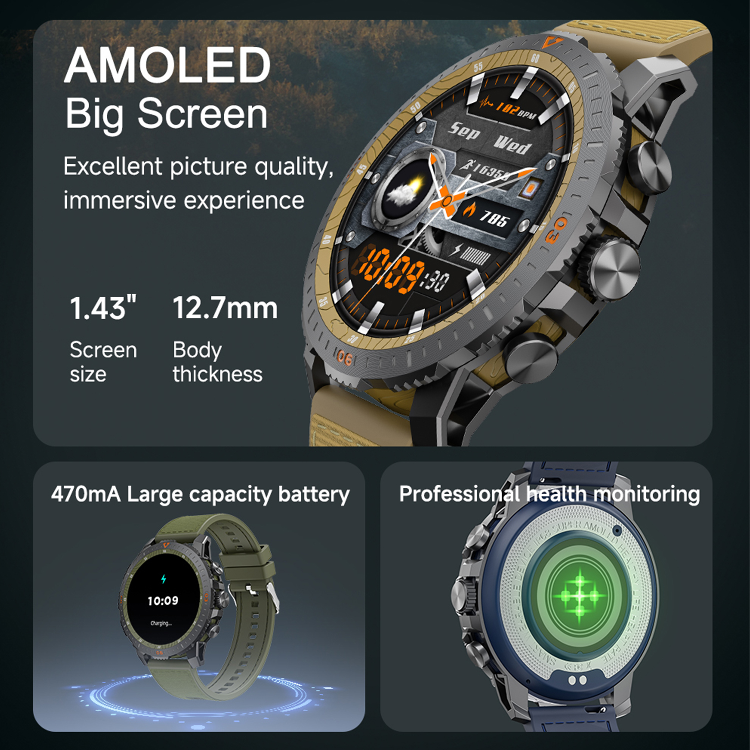 Eine Smartwatch mit mehreren Ansichten. Sie hat ein rundes Zifferblatt mit Text und ein grünes Armband.