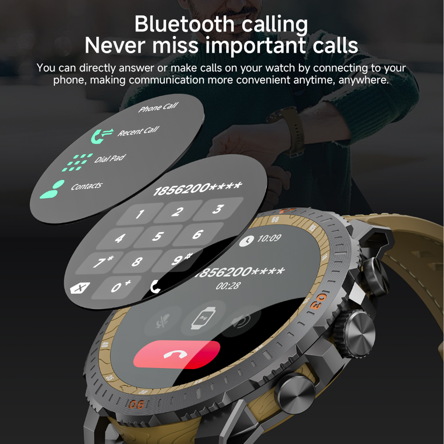 Smartwatch mit Bluetooth-Anrufschnittstelle, Ziffernblock und Anruftasten.