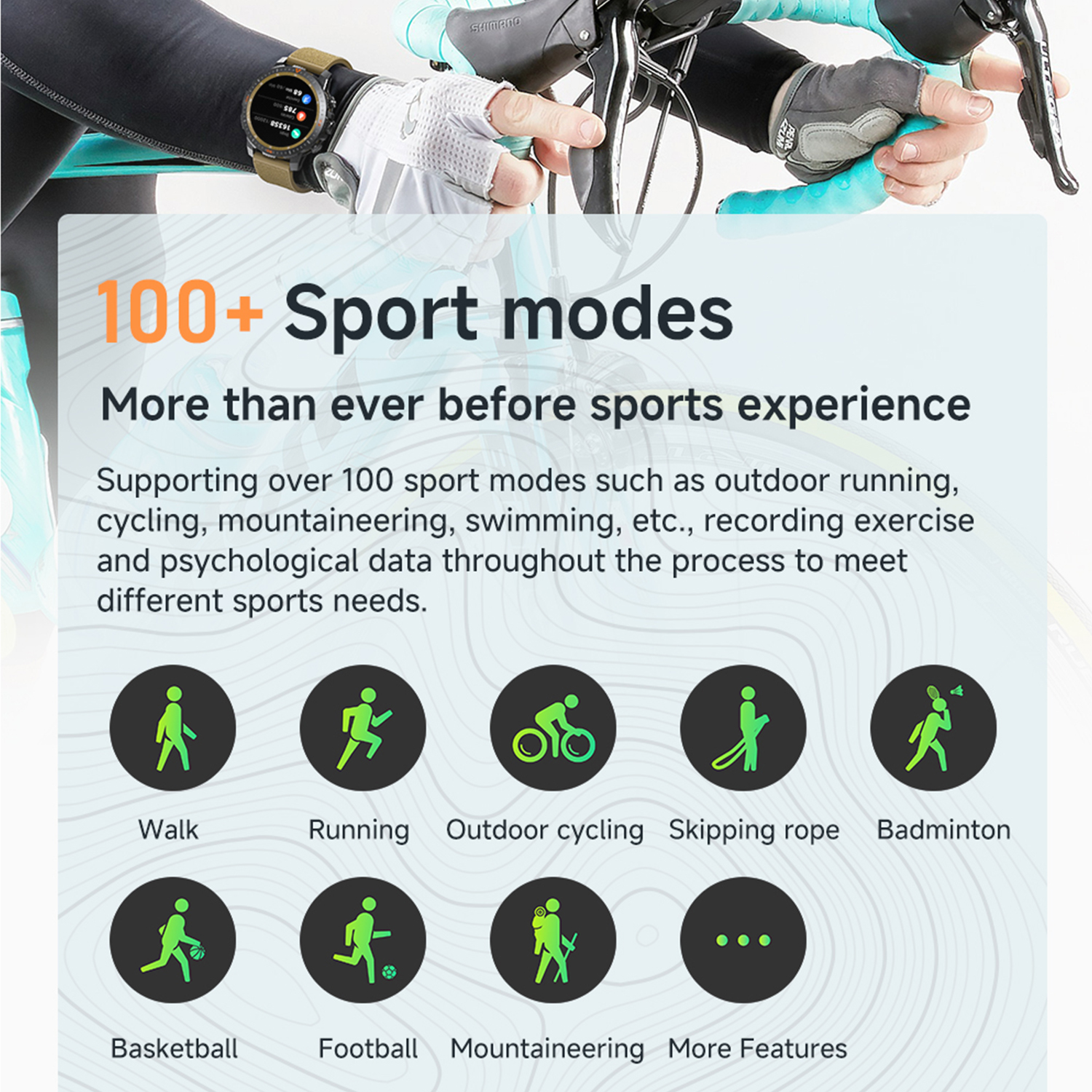 Bild zeigt verschiedene Sportmodi und eine Smartwatch. Text: '100+ Sportmodi' und 'Mehr denn je zuvor'.