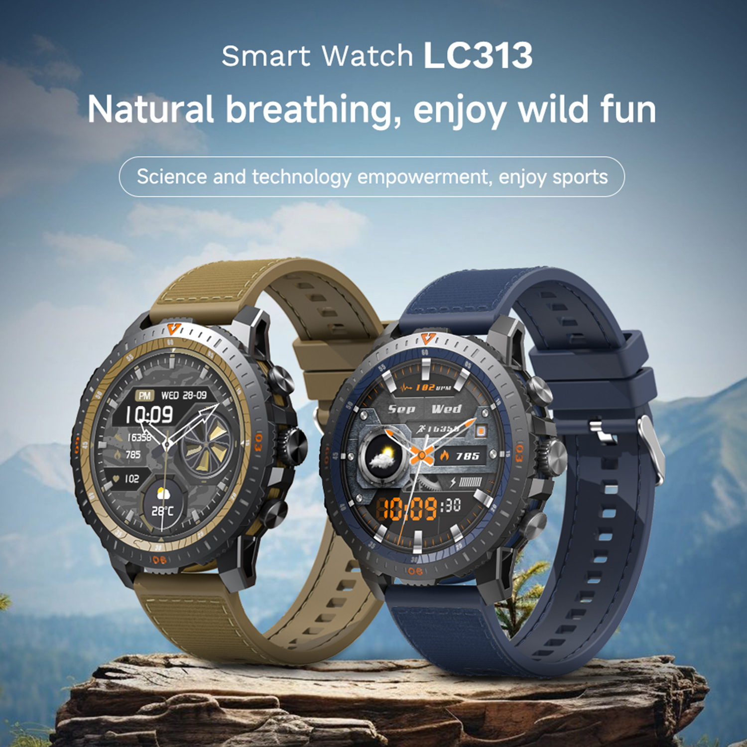 Zwei Smartwatches mit schwarzen und goldenen sowie blauen Bändern. Text erwähnt natürliches Atmen und Spaß am Sport.
