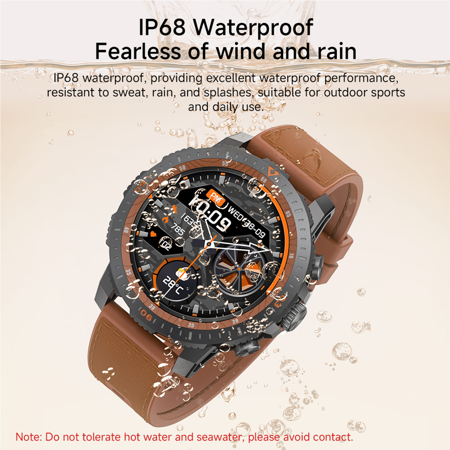 Eine braune und schwarze Smartwatch wird angezeigt. Das Zifferblatt zeigt die Uhrzeit, Temperatur und andere Daten an. Wassertropfen sind sichtbar.