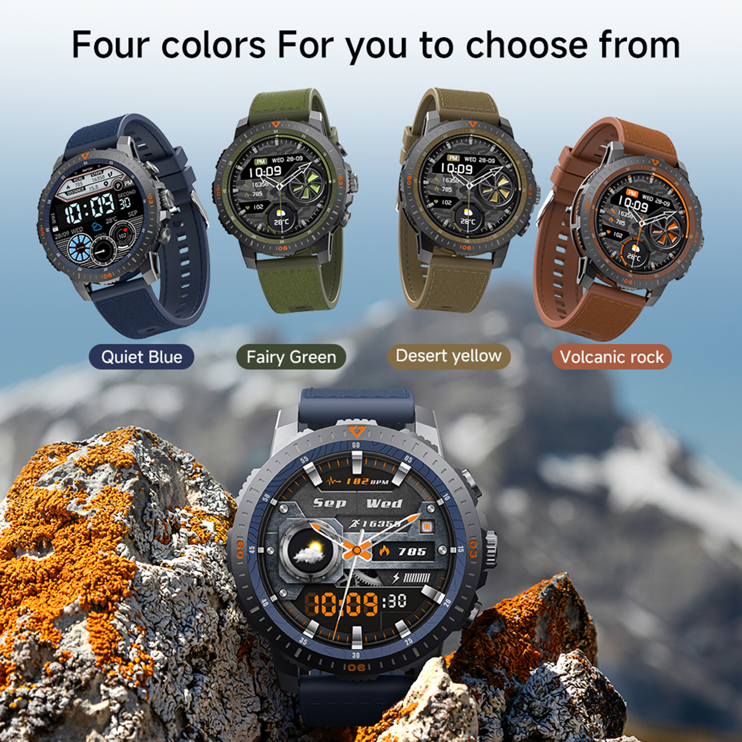 Vier Smartwatches in verschiedenen Farben, deren Bildschirme Informationen auf einem Felsen anzeigen.