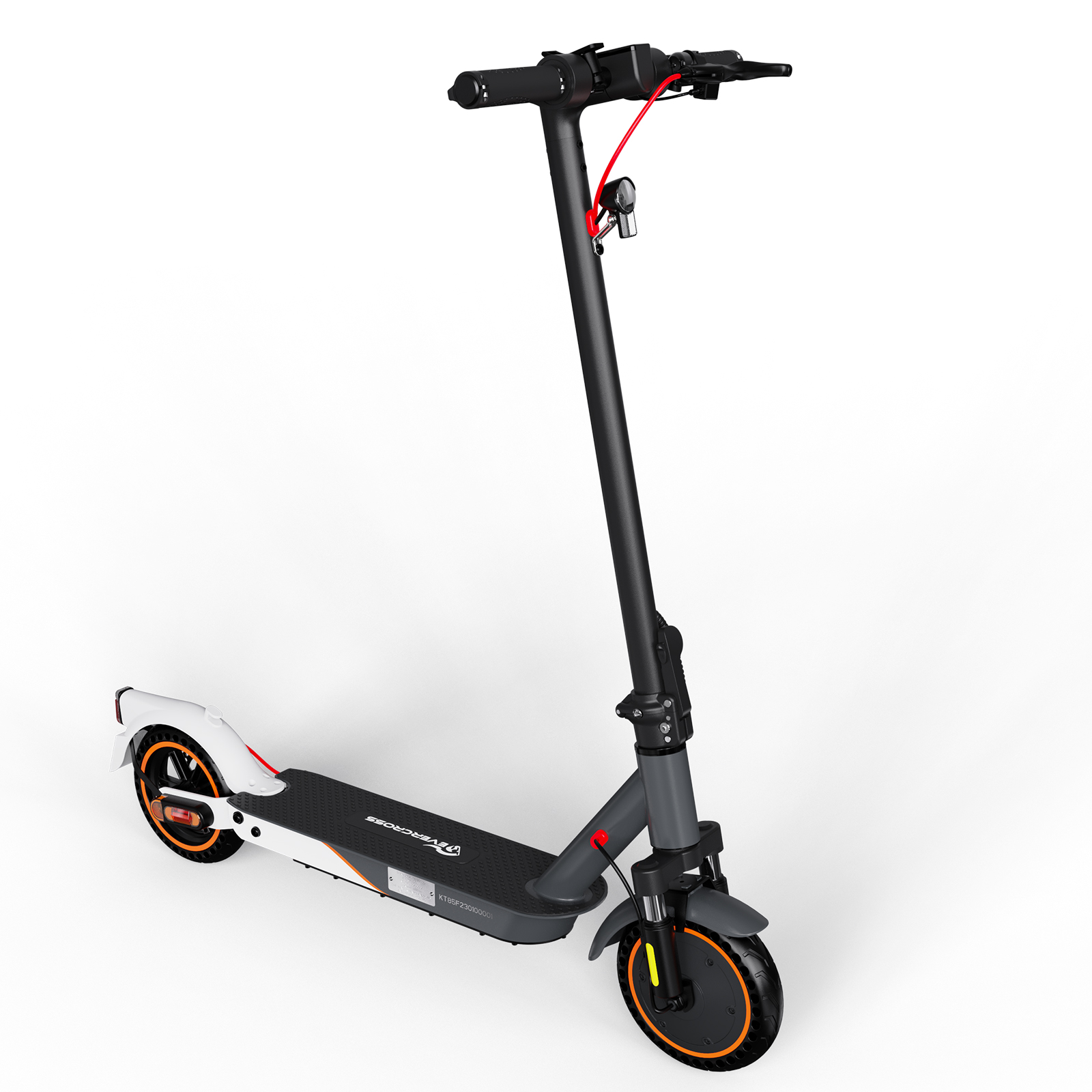 Elektroroller mit schwarz-weißem Design. Er hat einen faltbaren Stiel und orangefarbene Akzente.