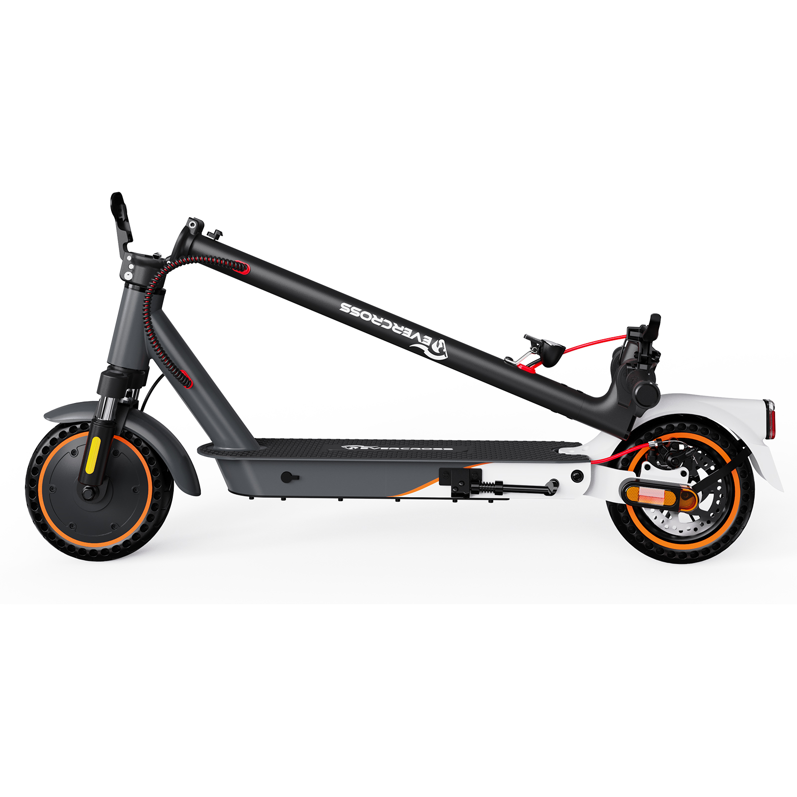 Ein zusammengeklappter schwarz-grauer Elektroroller mit orangefarbenen Akzenten auf weißem Grund.