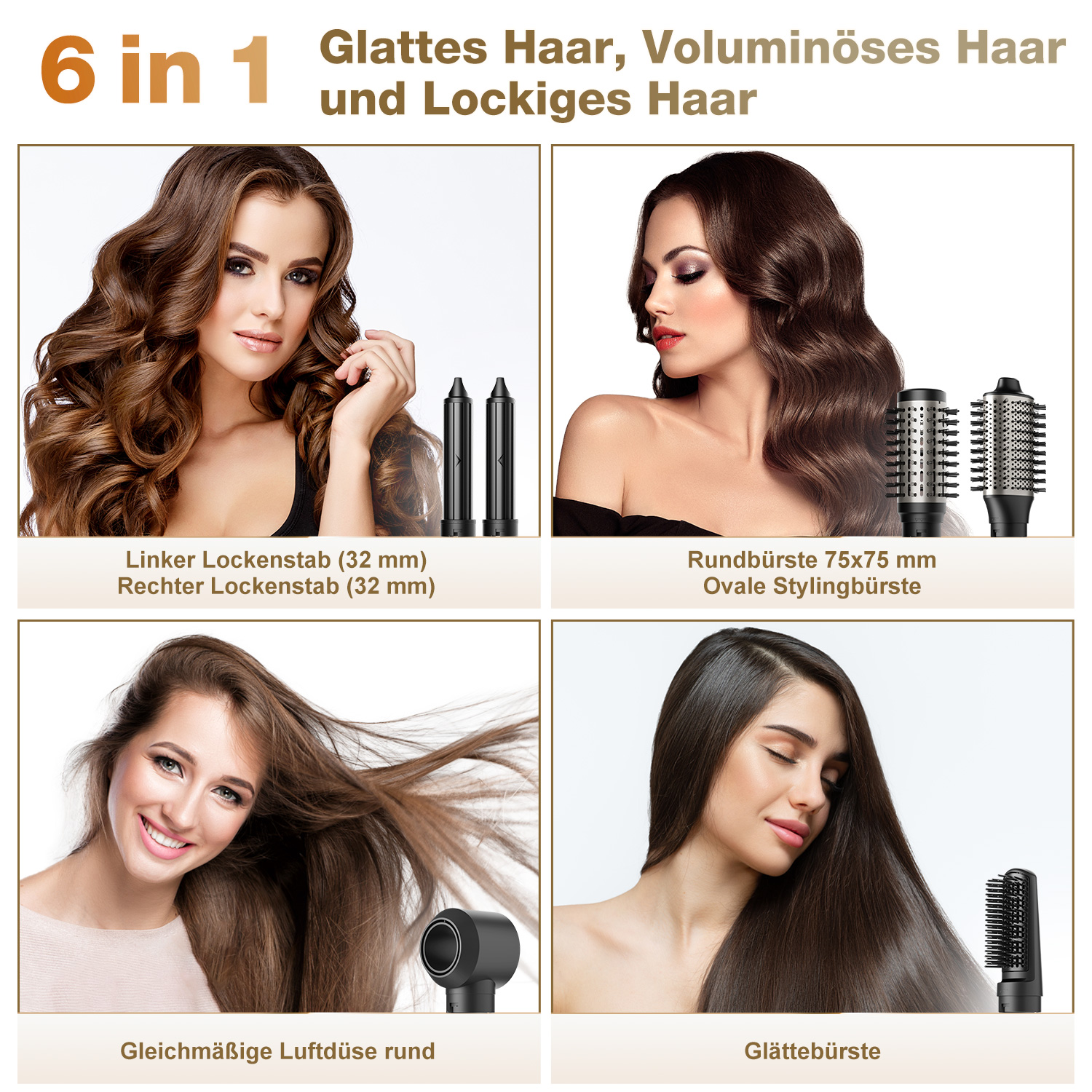 Bilder von Frauen mit verschiedenen Frisuren, die mit Haarstyling-Werkzeugen gemacht wurden.