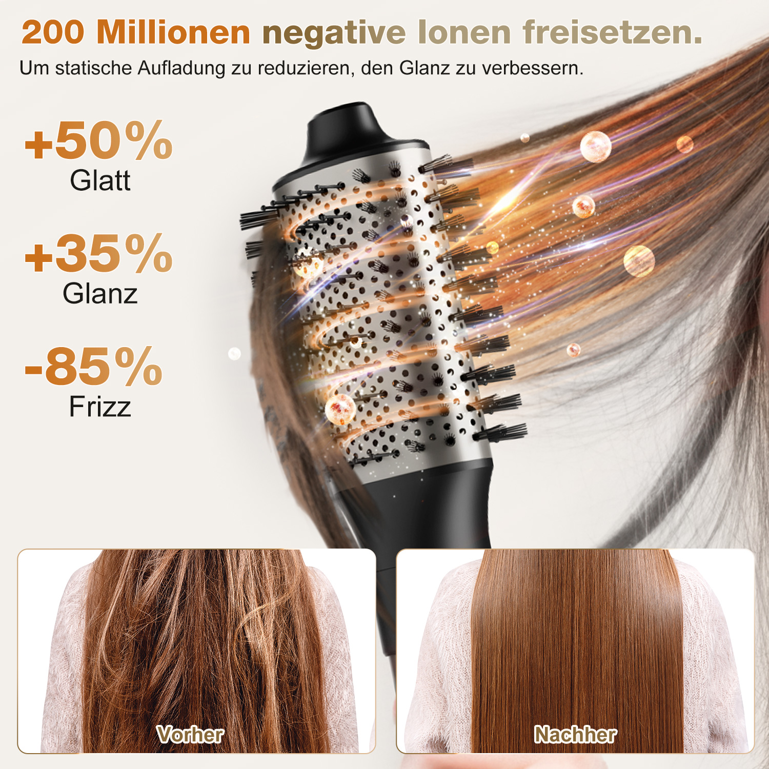 Das Haar einer Frau vor und nach der Verwendung einer Haarbürste, die mehr Glätte und Glanz zeigt.