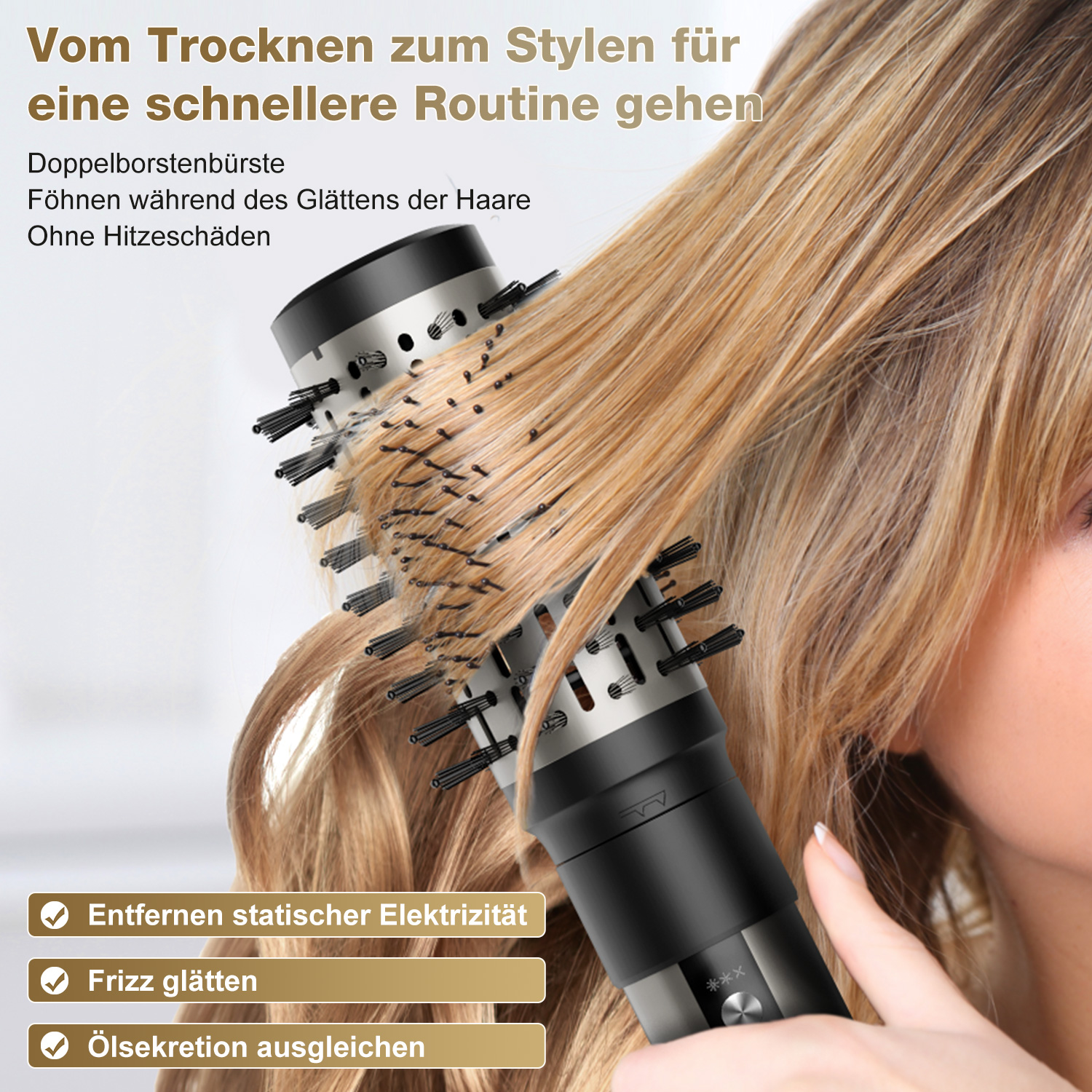 Eine Frau, die ihre Haare mit einer Haartrocknerbürste stylt, mit Textüberlagerungen.