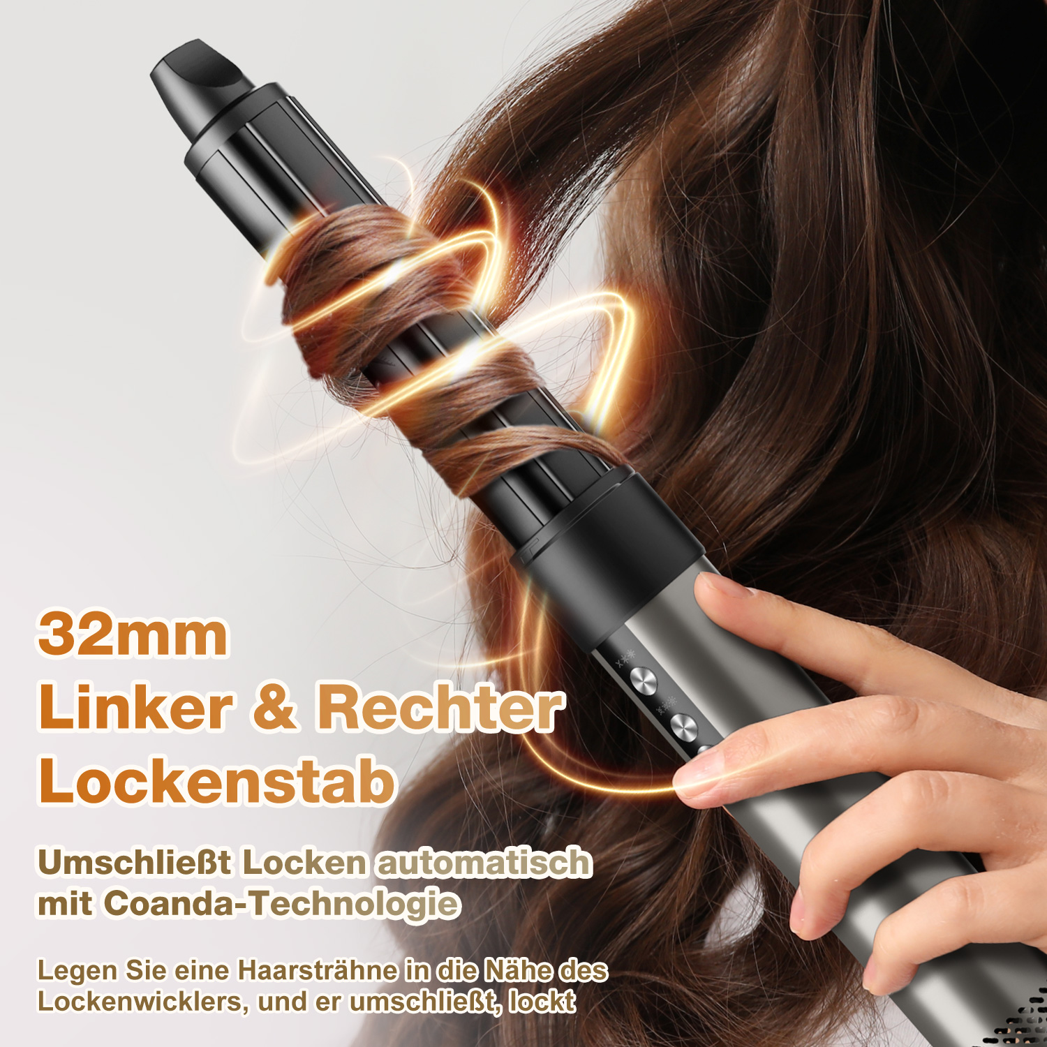 Lockenstab mit Text, Locken machen. Goldene Energielinien um Haar.