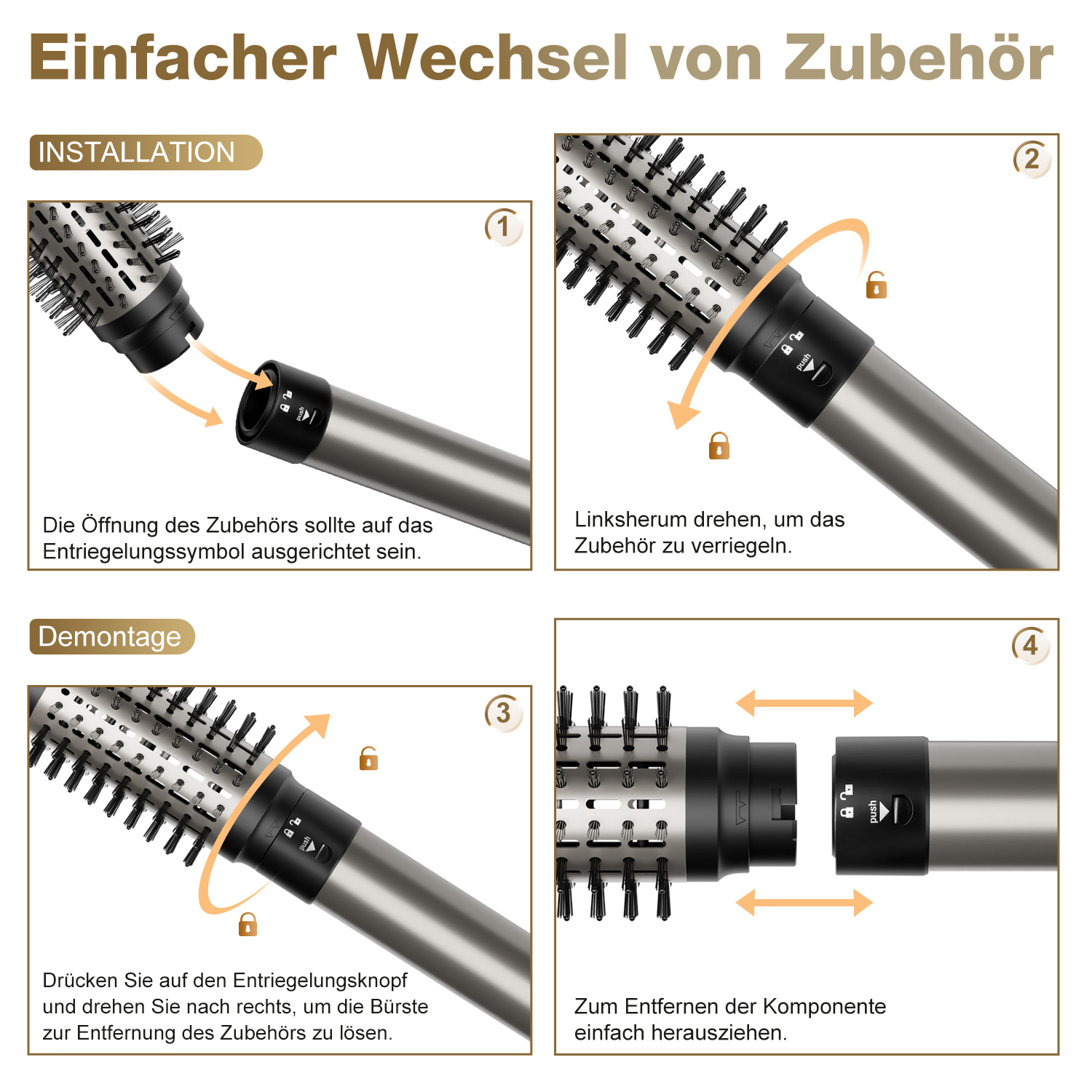 Diagramm zur Installation und Entfernung eines Haarbürstenaufsatzes. Schritte 1-4 mit Pfeilen und Text.