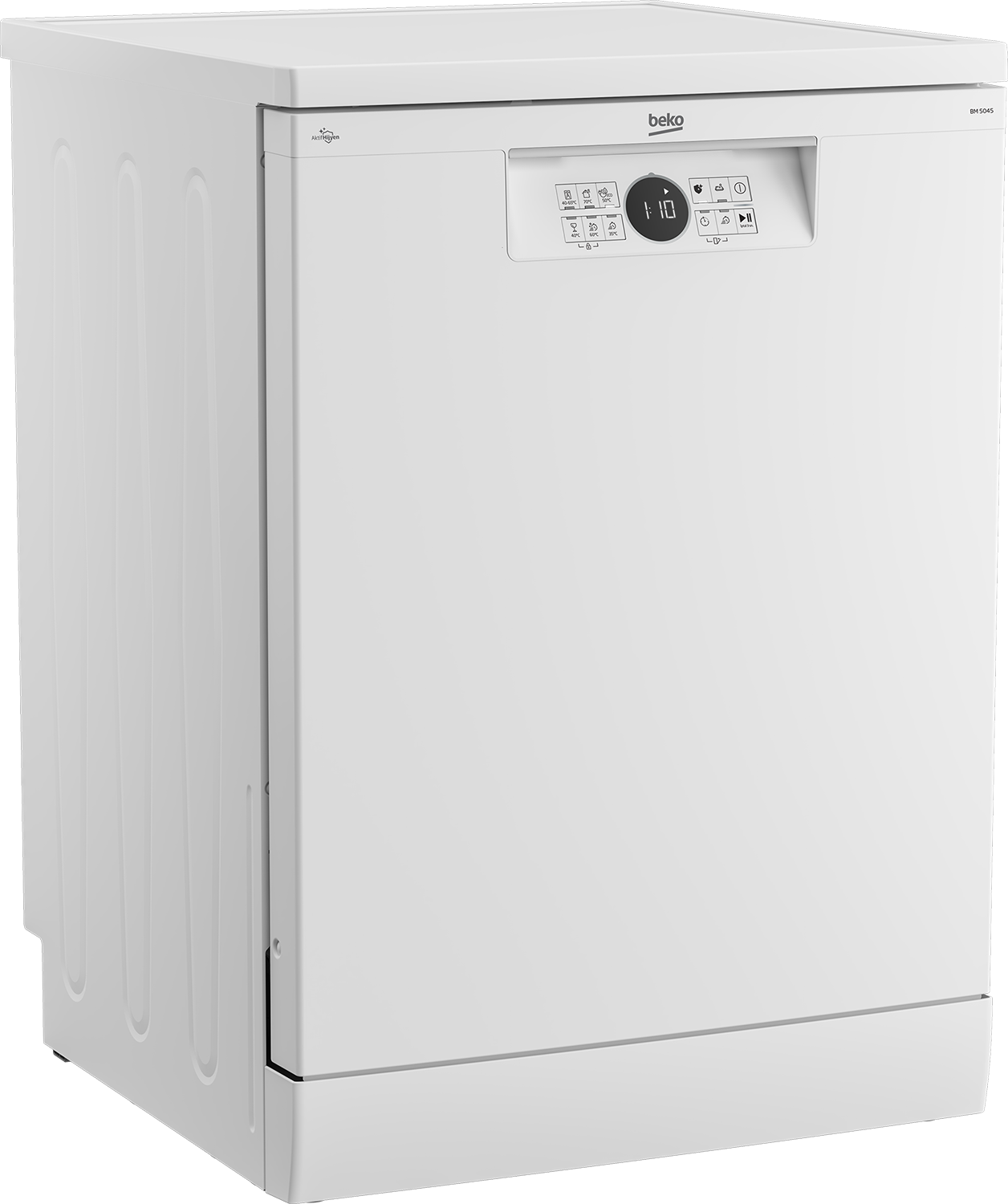 Lavavajillas Beko blanco con panel de control.  Toma desde un ligero ángulo.