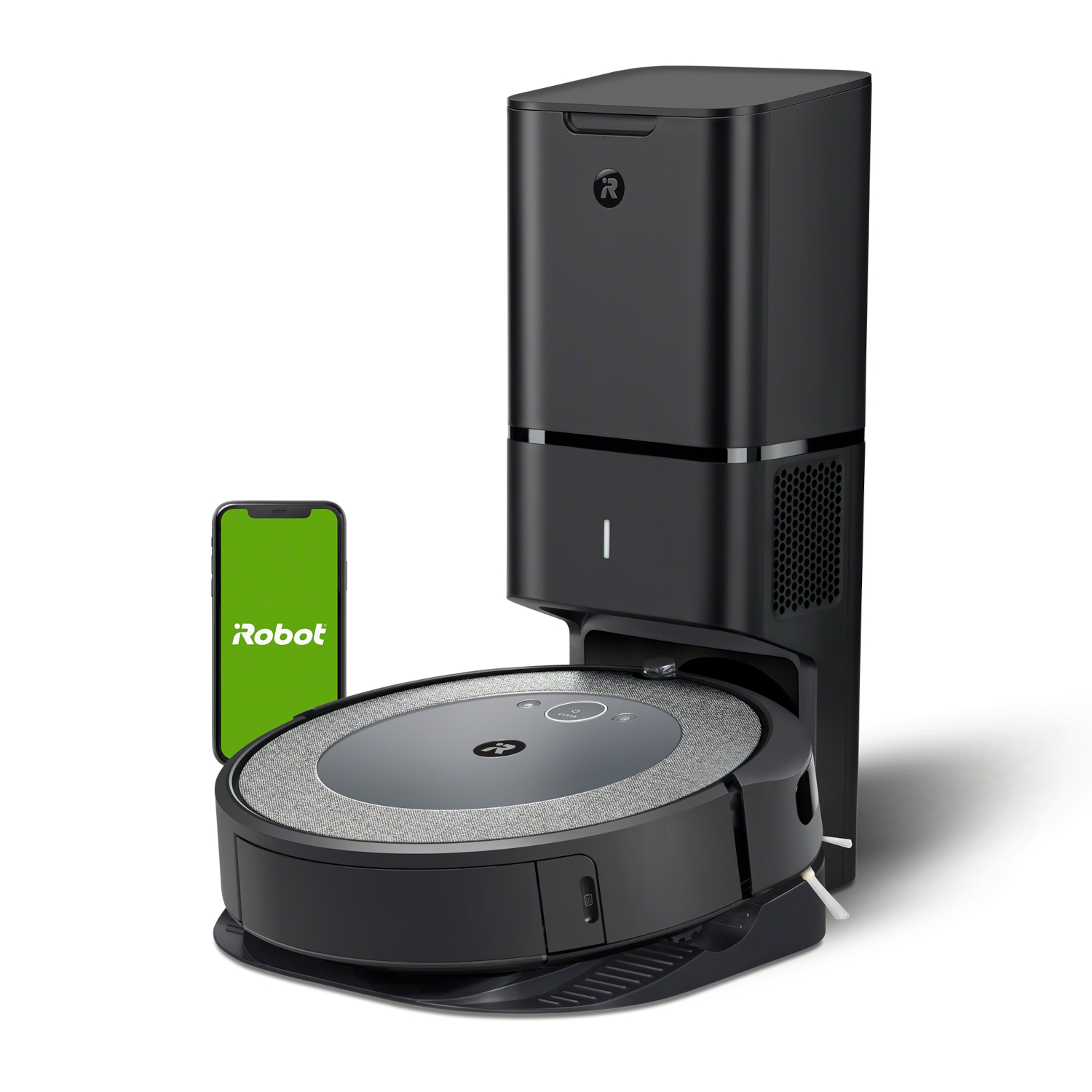 Schwarzer Roboter-Staubsauger mit Ladestation und Telefon mit App.