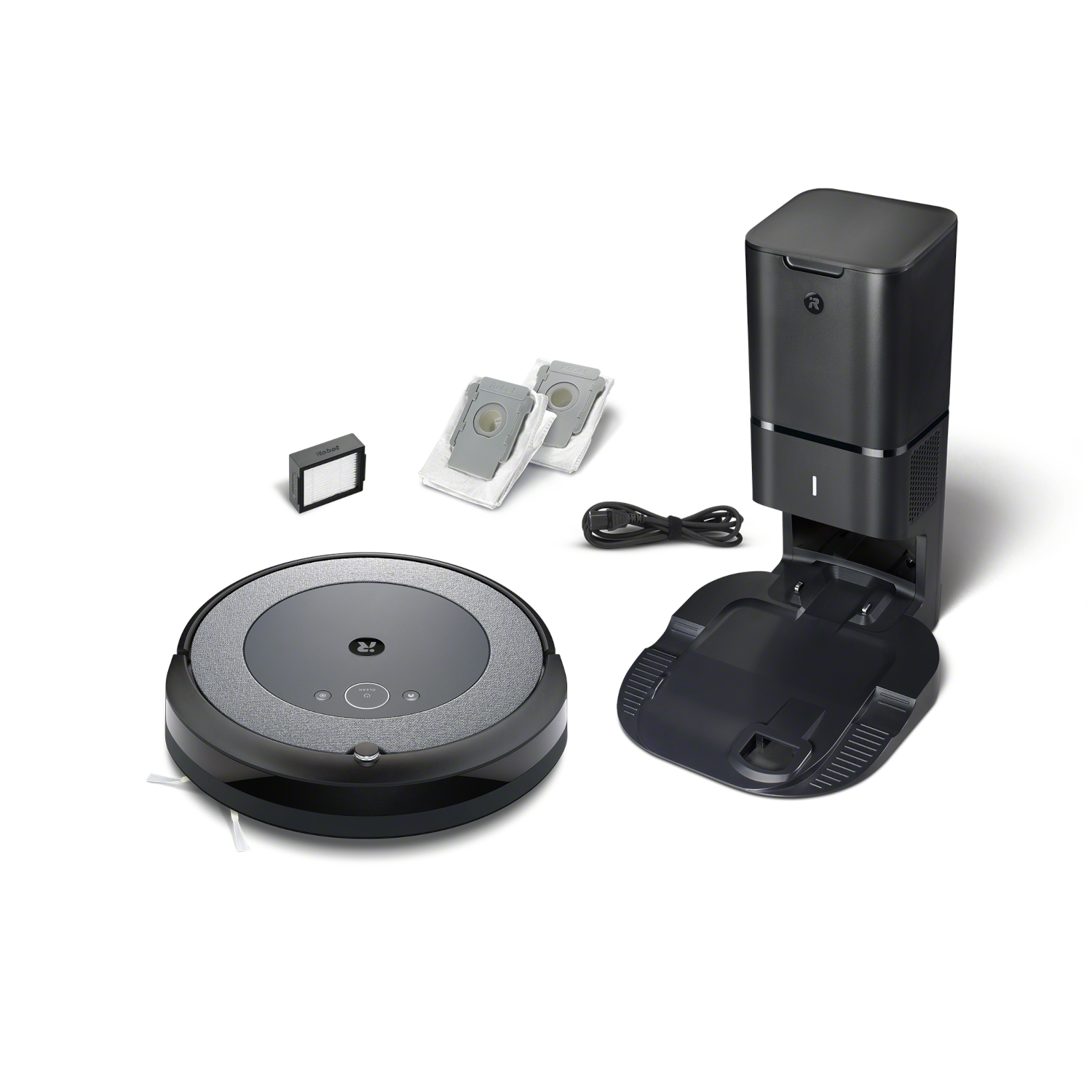 Ein schwarzer Roomba mit Ladestation und Zubehör, auf weißem Hintergrund.