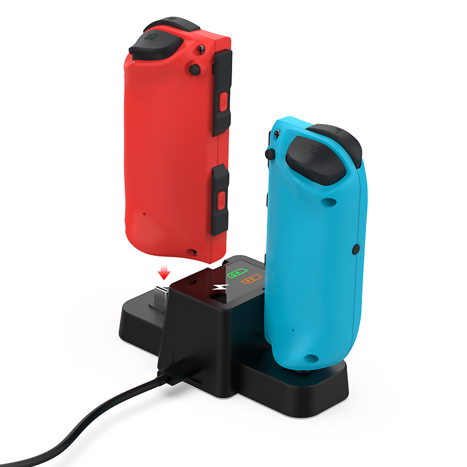 Controller di gioco rossi e blu in una base di ricarica, neri e collegati.