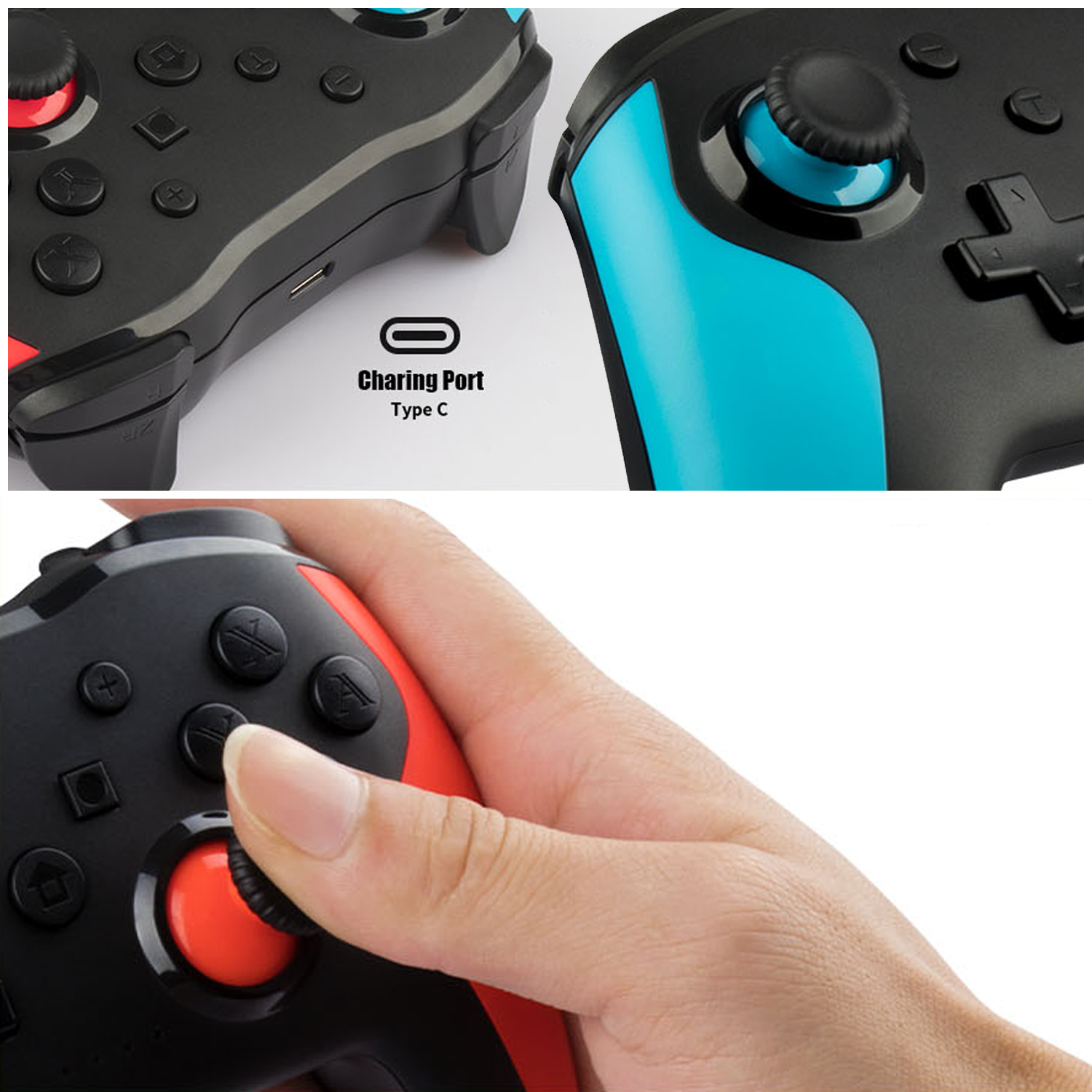 Controller di gioco, neri con pulsanti rossi e blu, porta di ricarica e una mano che tiene un controller.