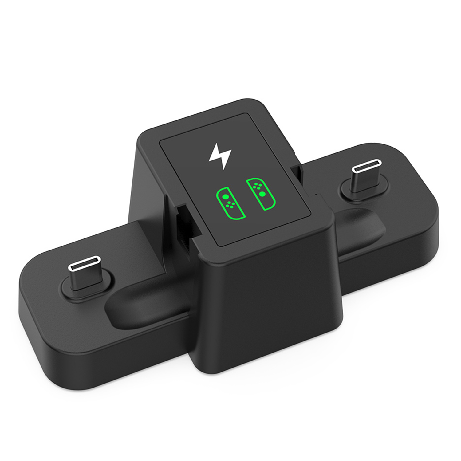 Una base di ricarica nera per Nintendo Switch con porte Switch e USB-C. Indicatori di alimentazione verdi.