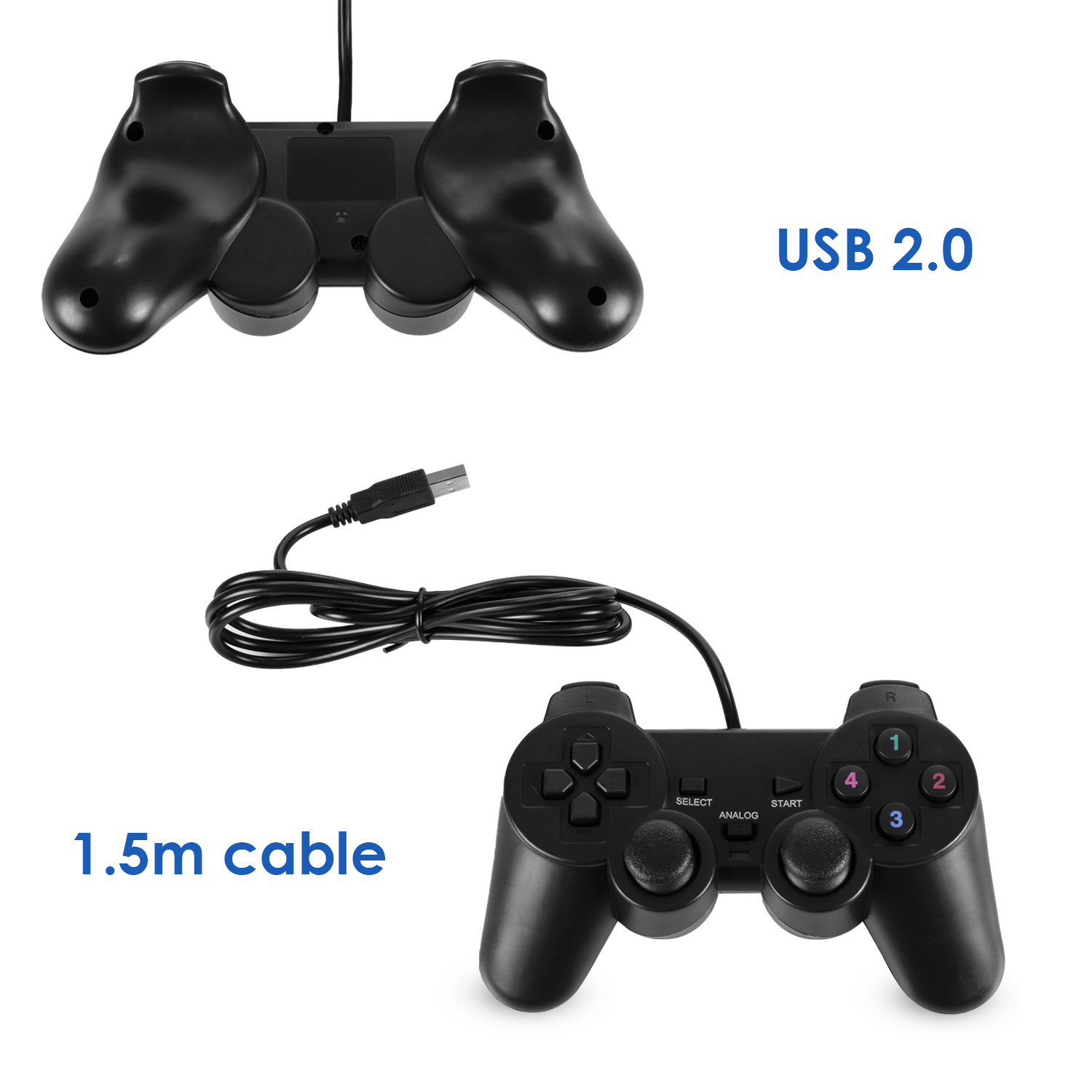 Dos mandos de juego negros, uno con cable de 1,5 m, sobre una superficie blanca con texto.