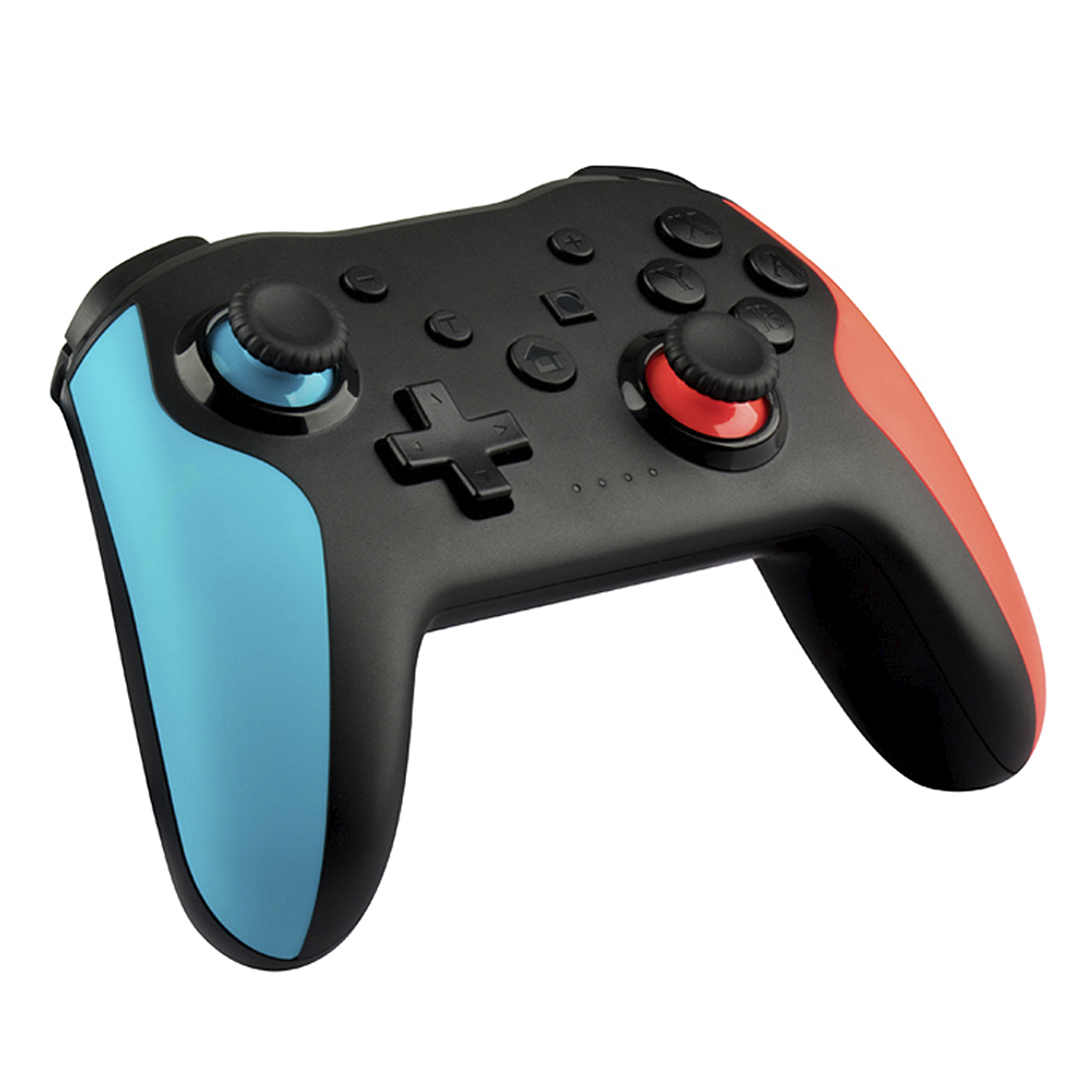 Controller di gioco nero e blu con pulsanti e joystick.