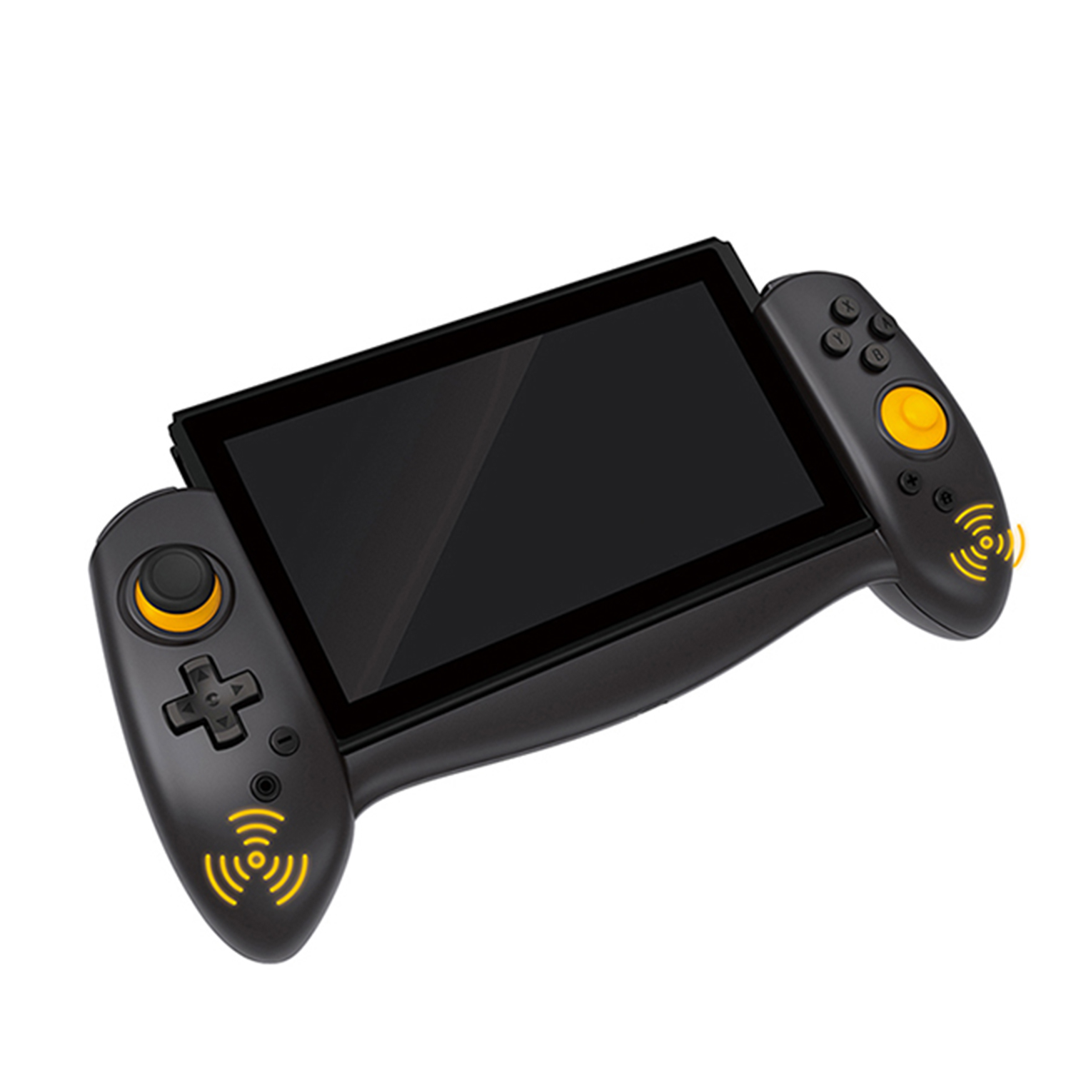 Controller nero con schermo, joystick e pulsanti, su sfondo bianco.