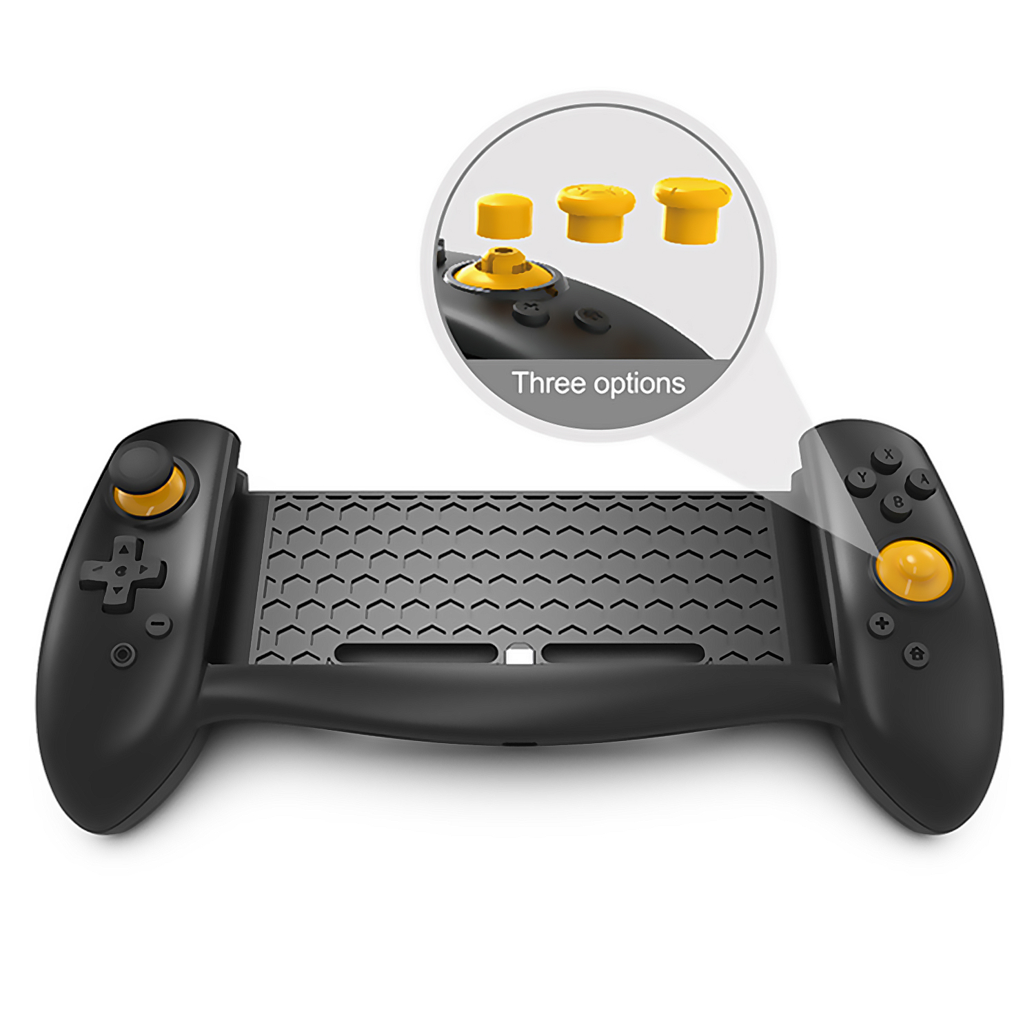 Gamepad nero con dettagli gialli e tre pulsanti intercambiabili. Motivo a nido d'ape al centro.