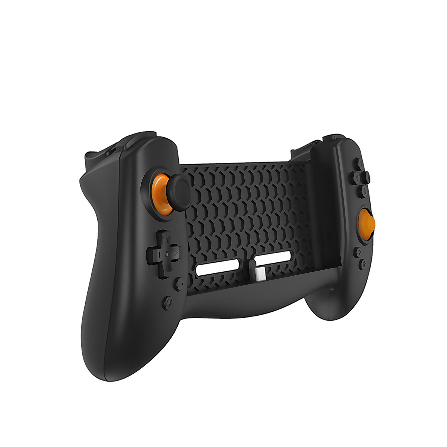 Controller di gioco nero. Dispone di pulsanti arancioni e un'impugnatura a motivo a nido d'ape.