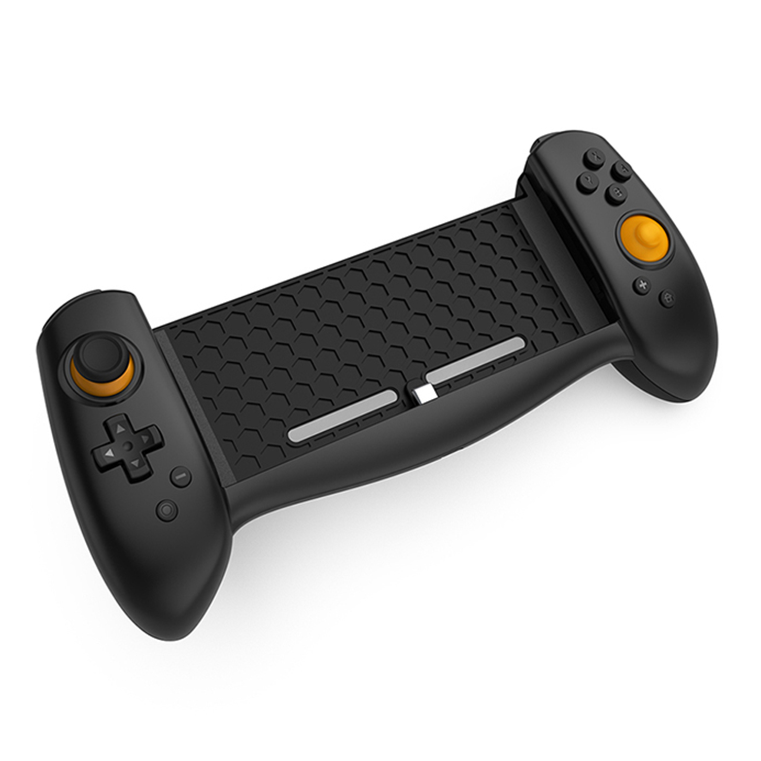 Un controller di gioco nero con un supporto per telefono su sfondo bianco.