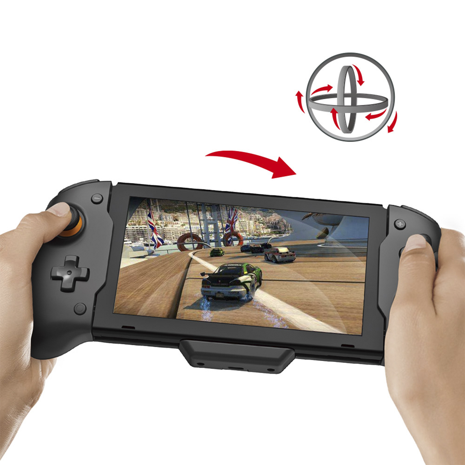 Mani che tengono un controller di gioco nero con schermo. Viene mostrato un gioco. Le frecce mostrano il movimento rotatorio.