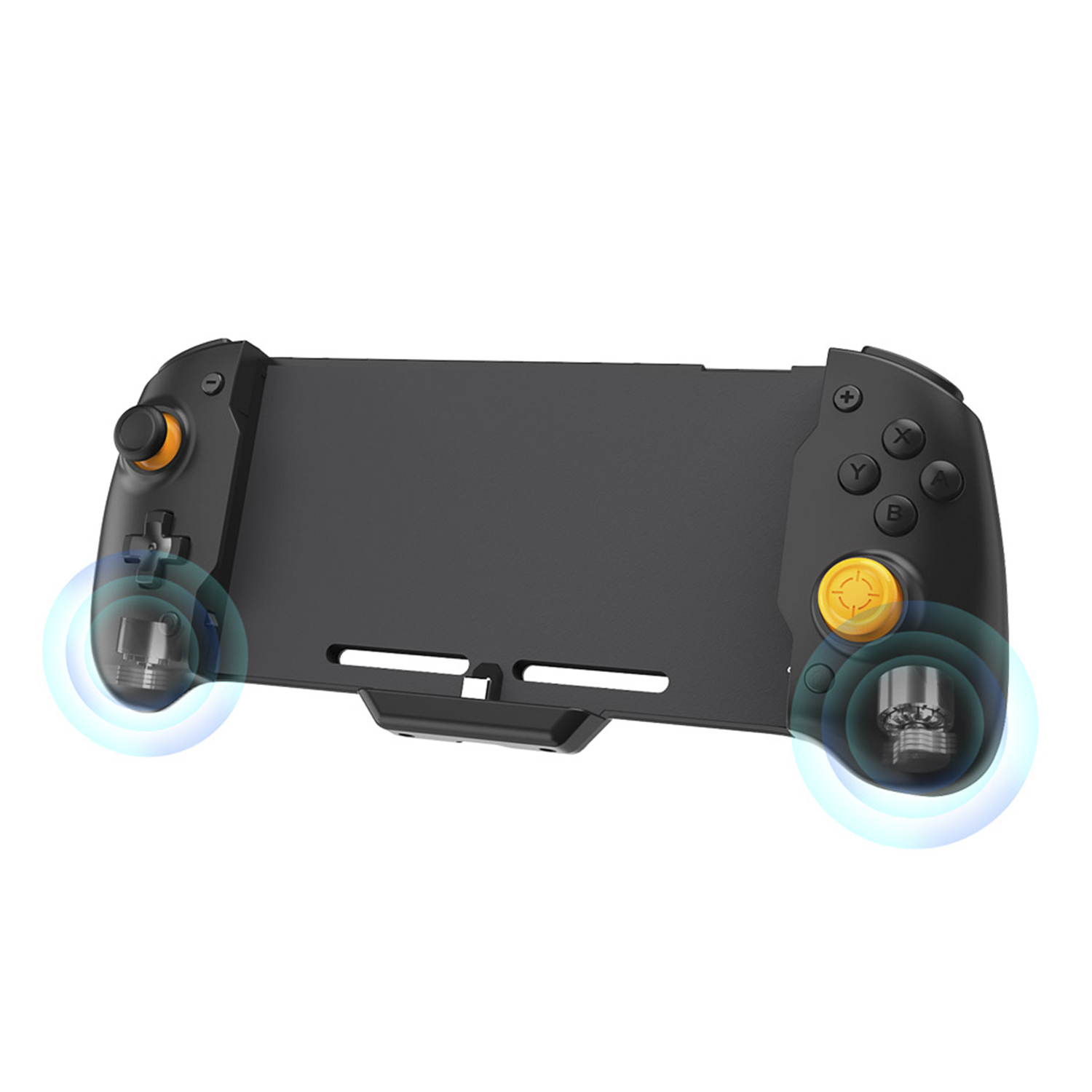 Gamepad nero con pulsanti arancioni. Ha uno slot per un telefono.