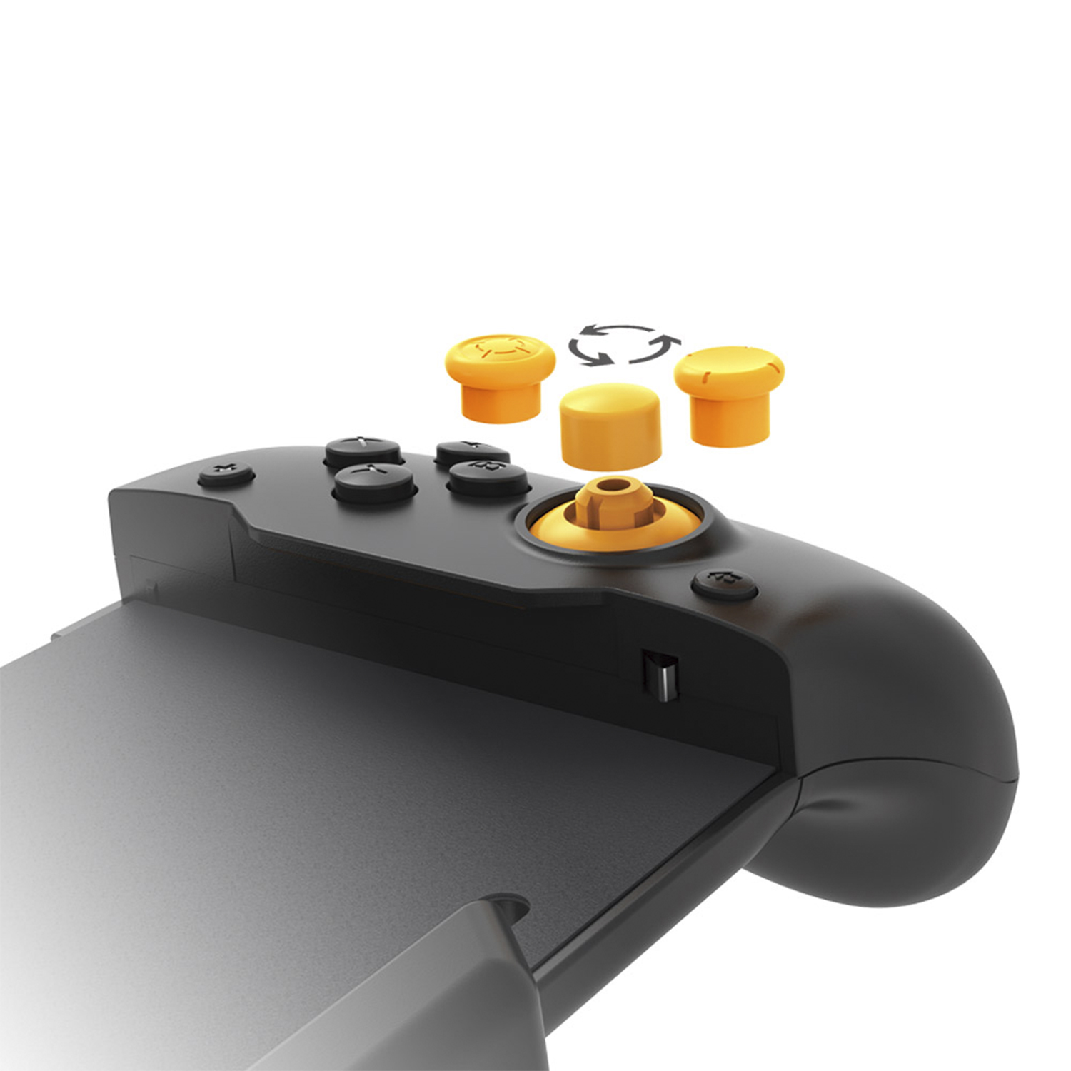 Gamepad nero con accenti blu e rossi e layout dei pulsanti standard.