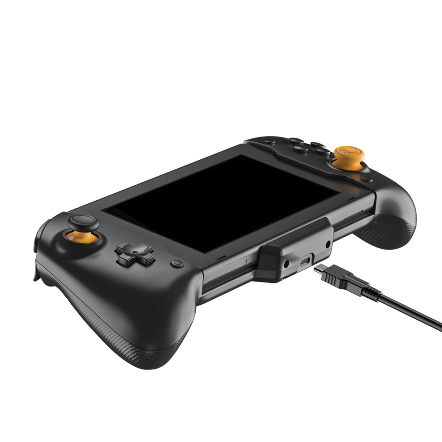 Controller di gioco nero con telefono attaccato, dettagli arancioni.