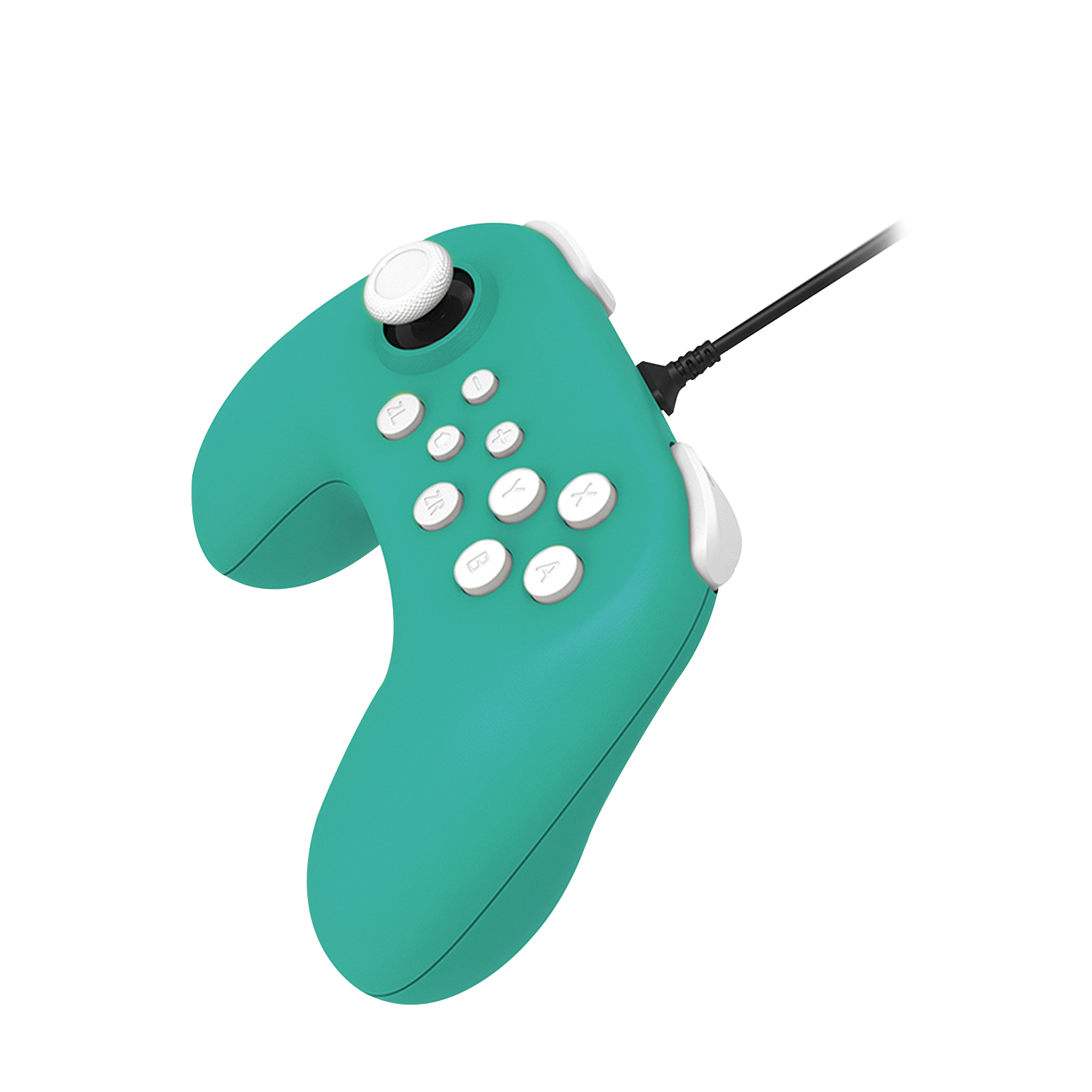 Controlador de juegos de color verde azulado con botones y un joystick. Tiene un cable.