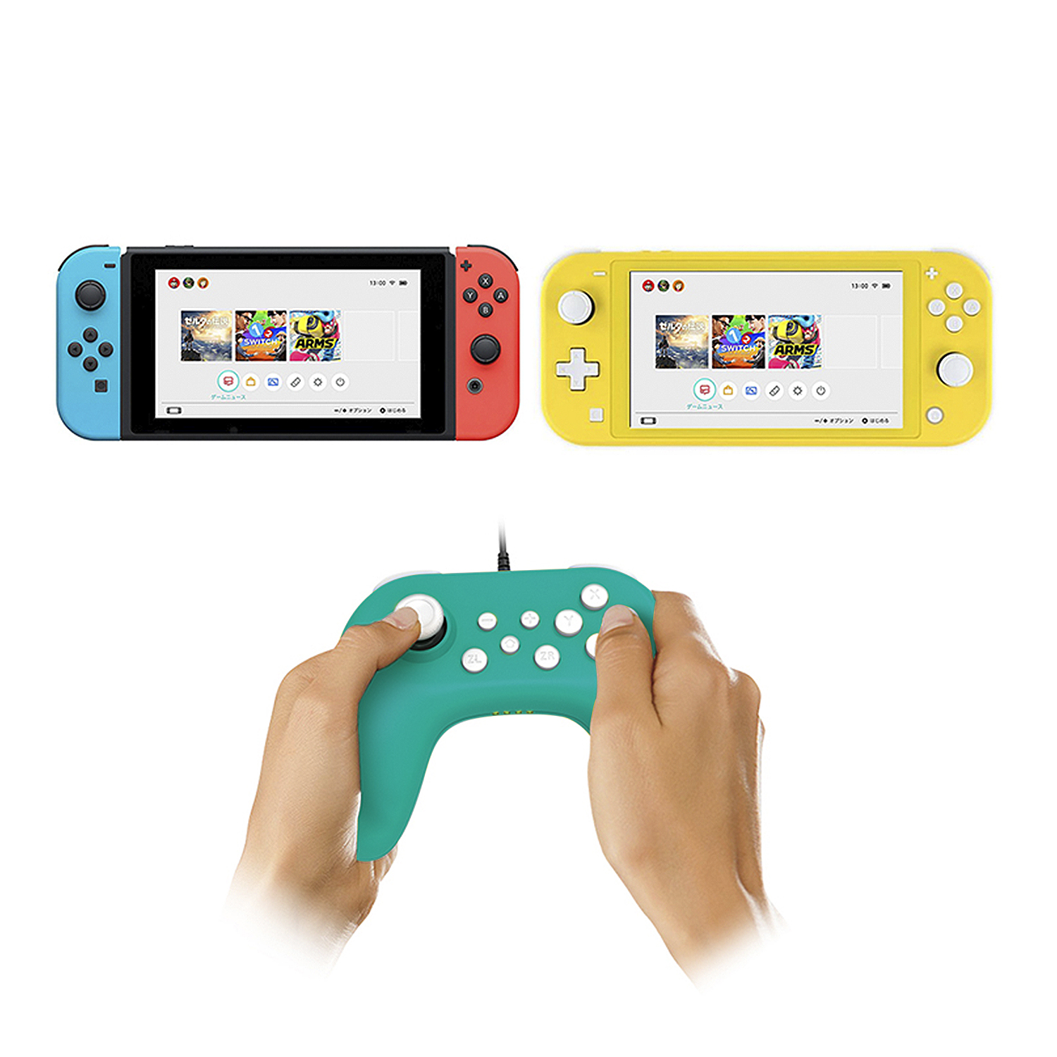 Dos consolas de juegos y un mando verde sobre fondo blanco.