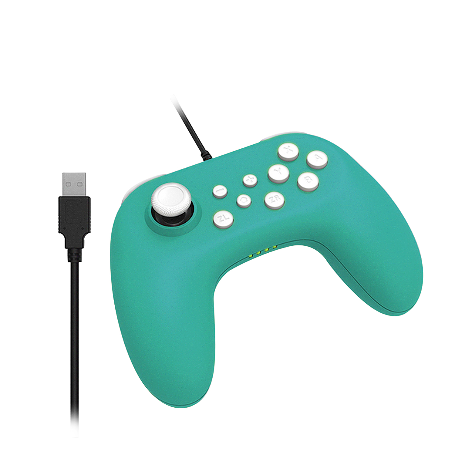 Mando de juego turquesa con botones y cable USB, sobre blanco.