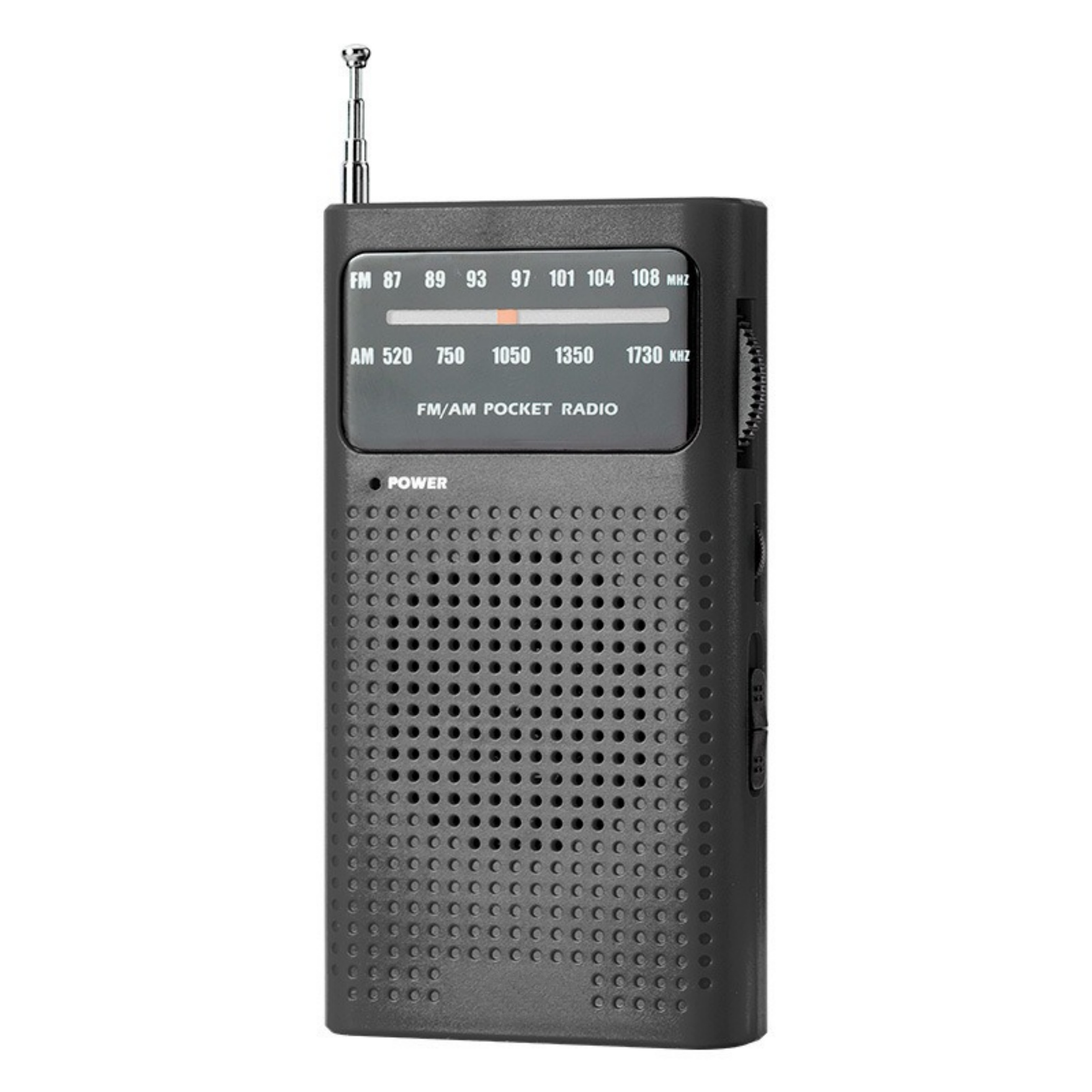 Schwarzes Taschenradio mit Lautsprecher und Wahltaste. Es hat eine Antenne und ein Display.