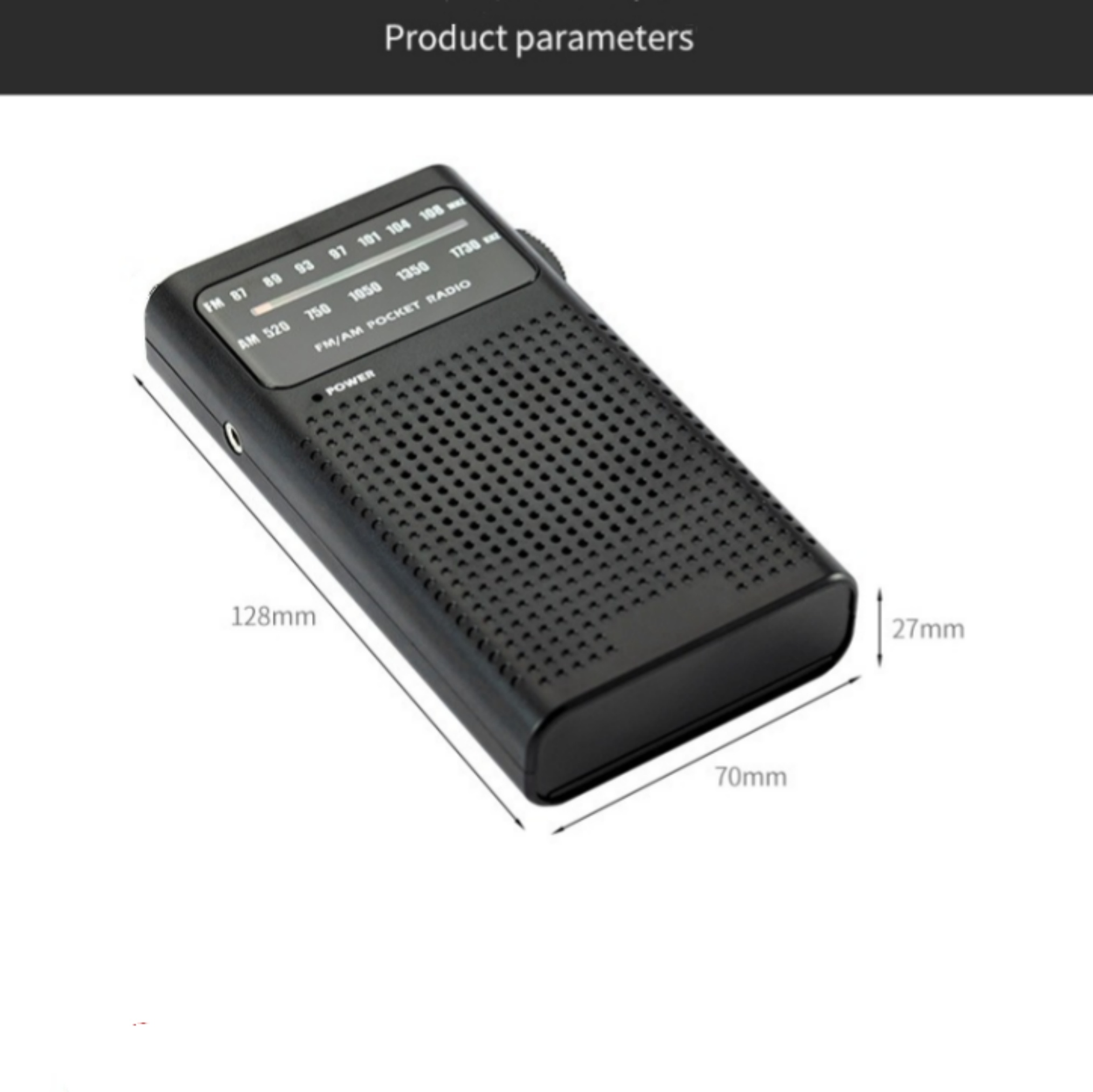 Ein schwarzes Taschenradio mit Maßen und Produktparametern.