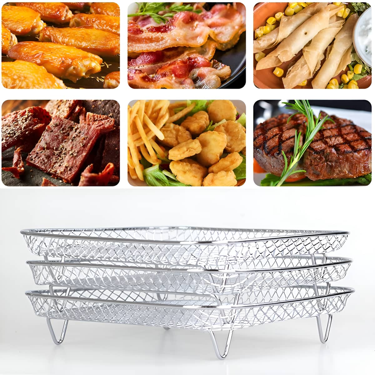 Verschiedene gekochte Speisen werden gezeigt. Enthält Hähnchenflügel, Speck, Frühlingsrollen, Dörrfleisch, Pommes und Steak.