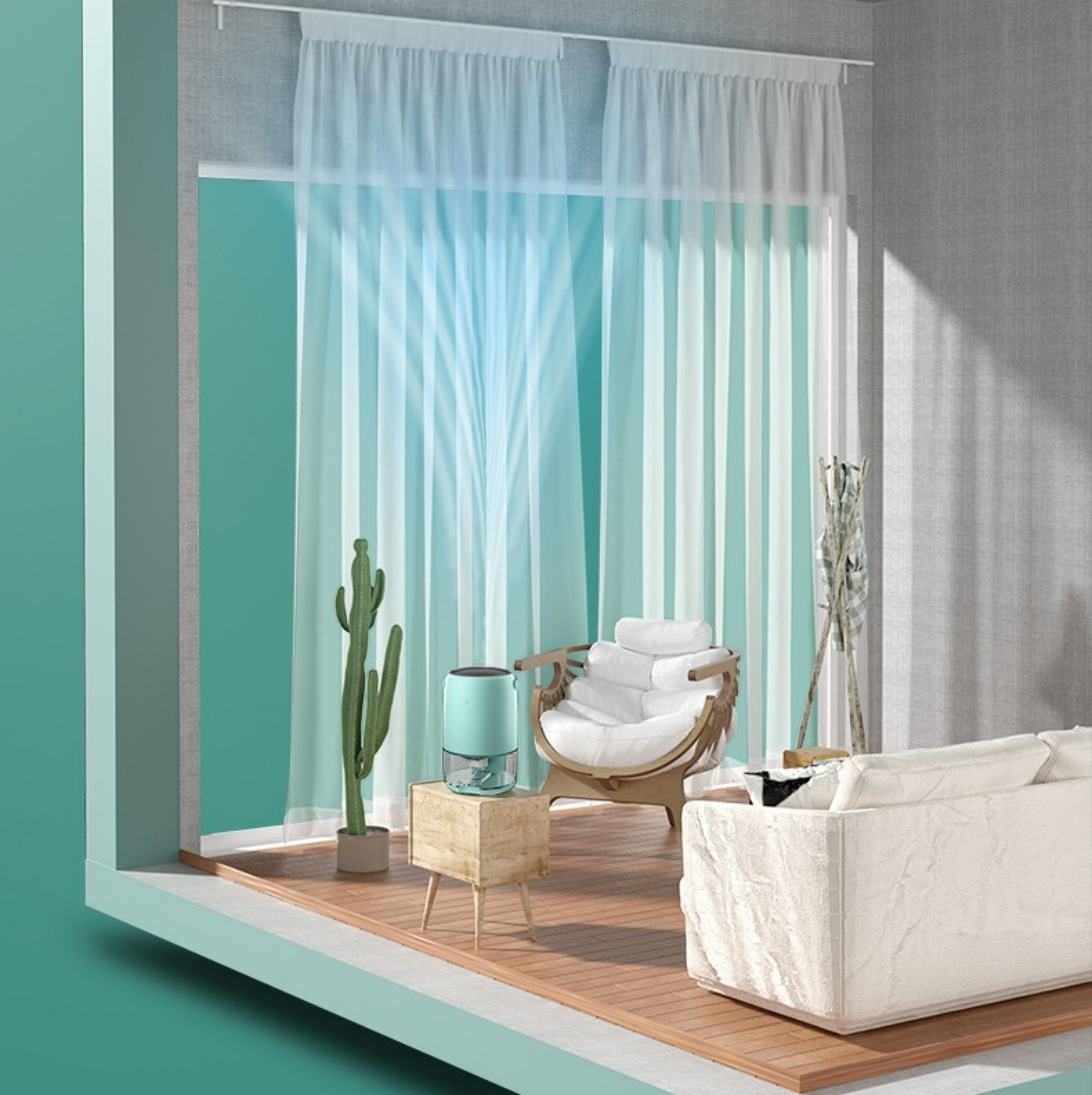 Wohnzimmerszene mit Ventilator, Kaktus, Stuhl, Sofa, Vorhängen und Fenster.