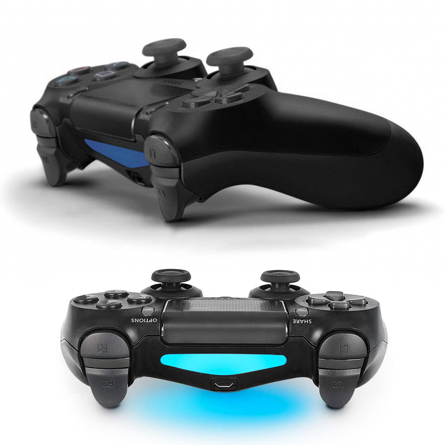 Due controller di gioco PS4 neri. Una vista dall'alto, l'altra angolata, con luce blu.