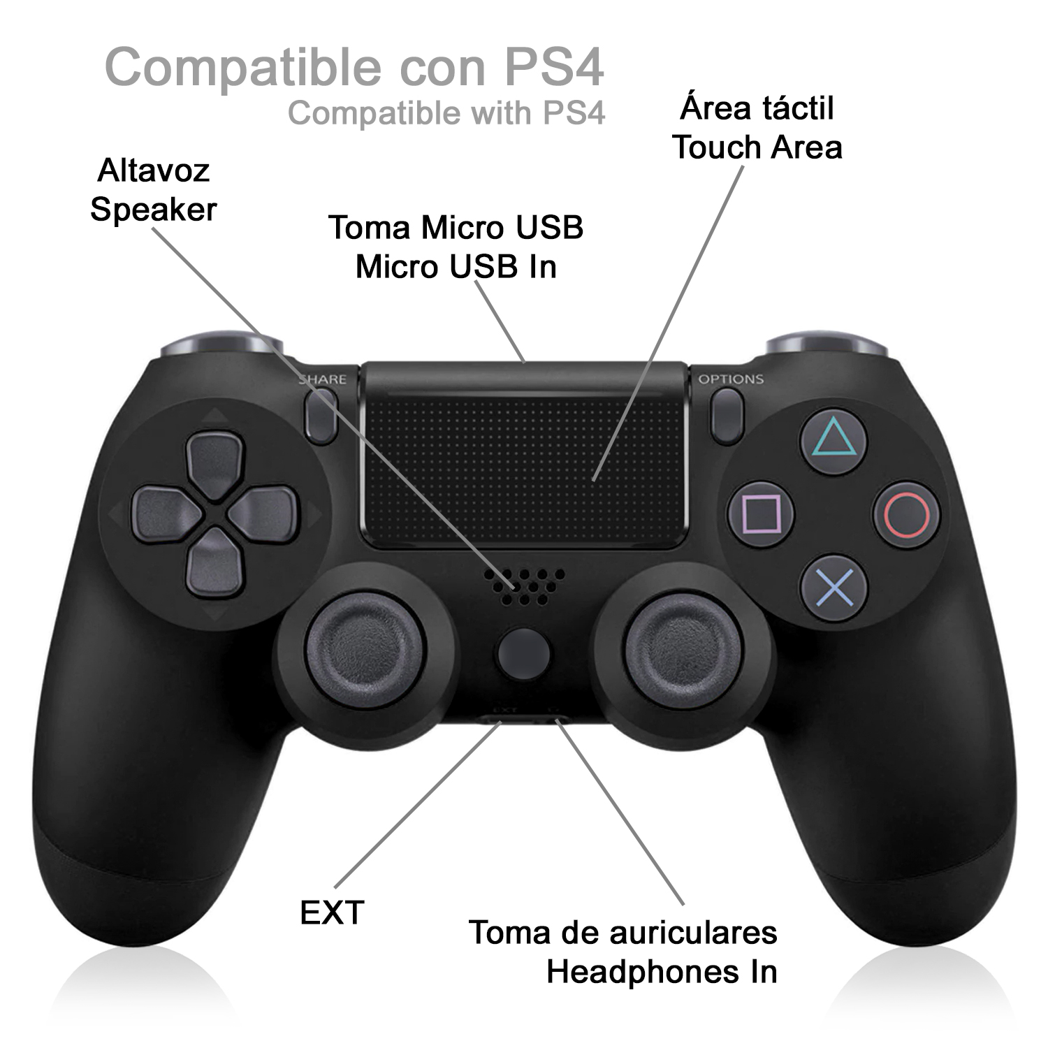 Controller PS4 nero con pulsanti e porte etichettati. Include altoparlante, ingresso USB e cuffie.
