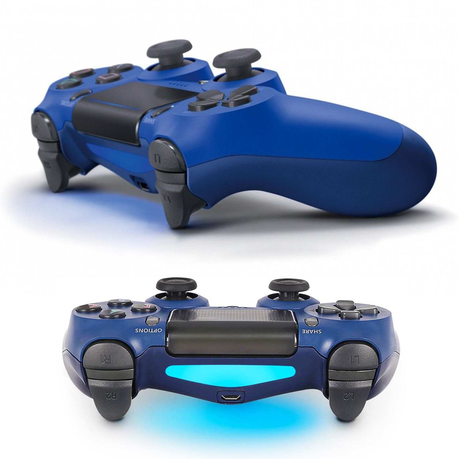 Controller PS4 blu, due viste. Mostra pulsanti, joystick e una barra luminosa. Sfondo bianco.