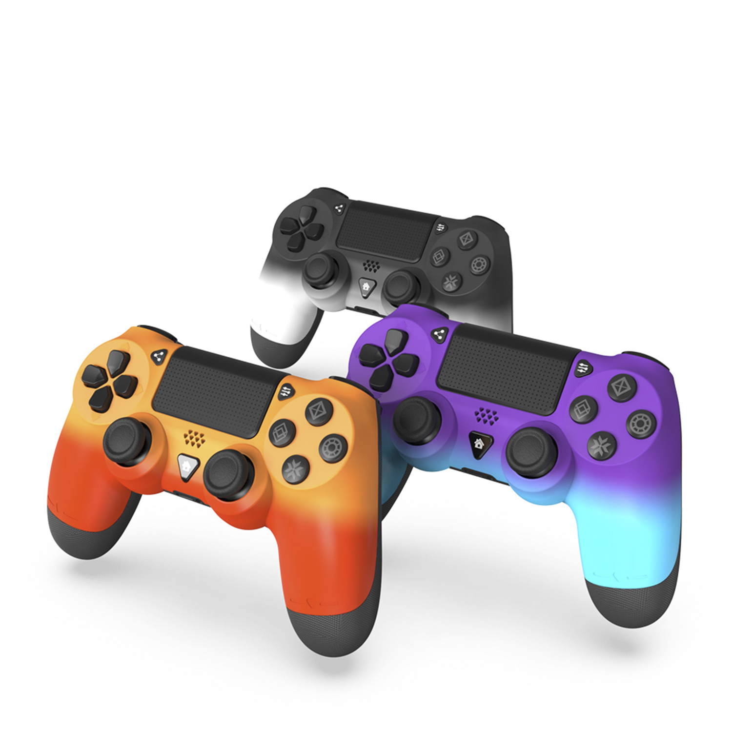 Tre controller di gioco sfumati: arancione-rosso, nero-bianco e viola-blu.