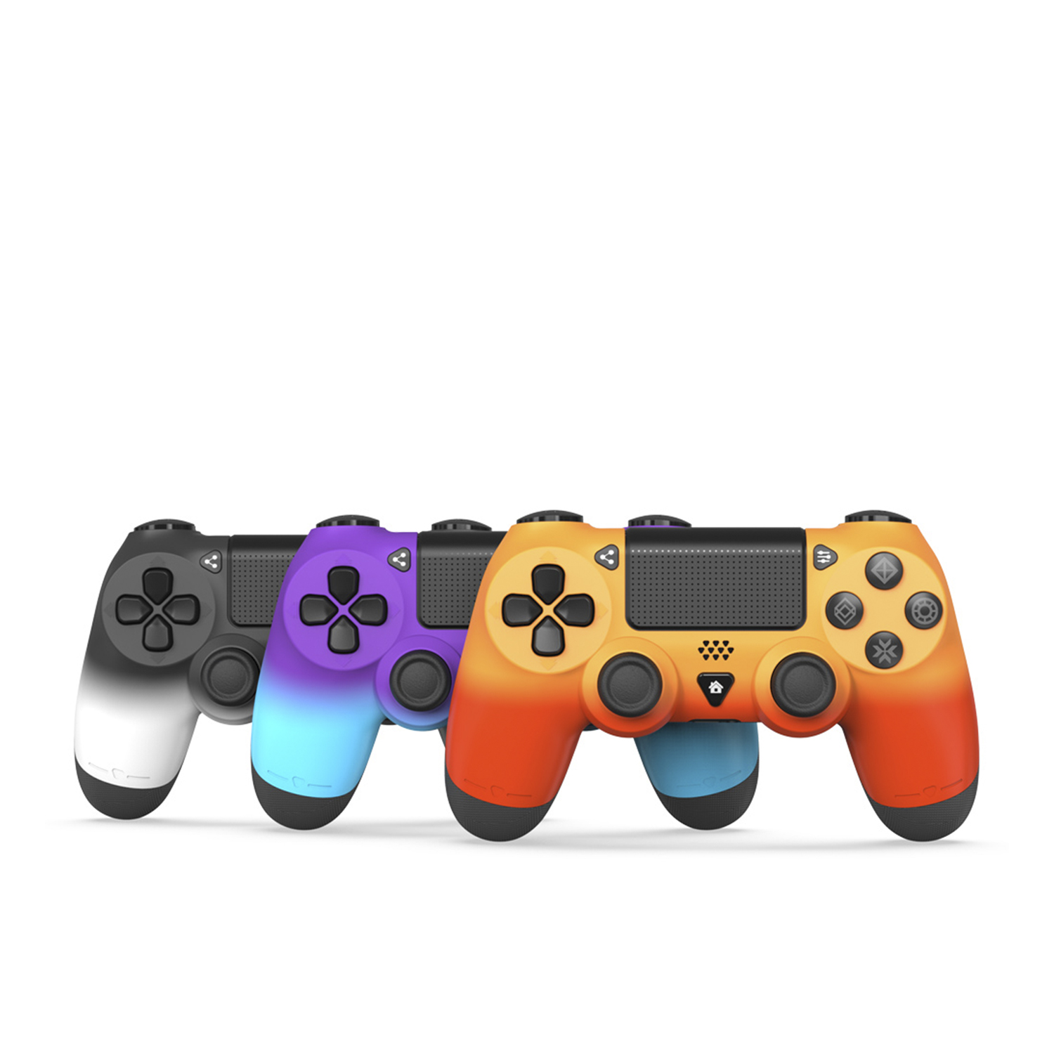 Tre controller di gioco colorati in fila: nero, gradiente viola-blu, gradiente arancione-blu.