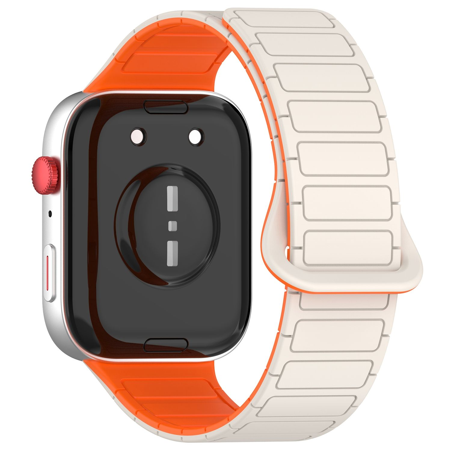 Silberne Uhr mit orangefarbenem Band und weißem Magnetband. Die Rückseite der Uhr ist schwarz.