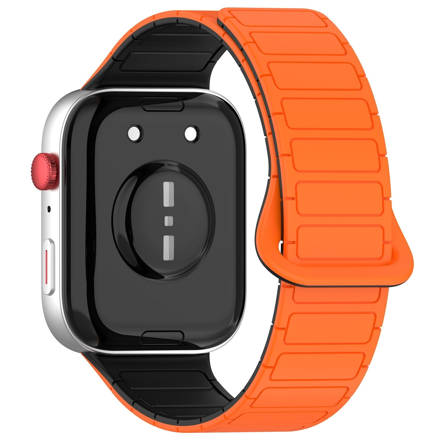 Nahaufnahme der Apple Watch. Oranges Armband mit schwarzer Schnalle.