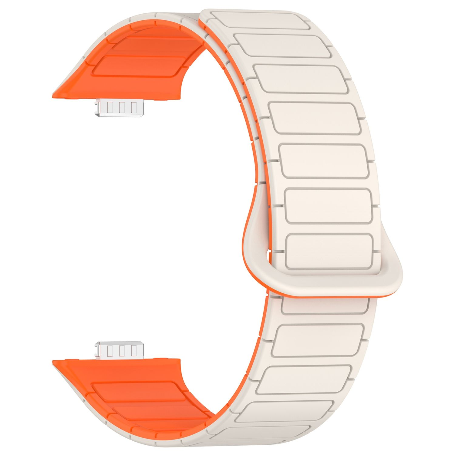Armband, weiß mit orangefarbenen Kanten. Das Band ist am Ende offen, um sich mit der Uhr zu verbinden.