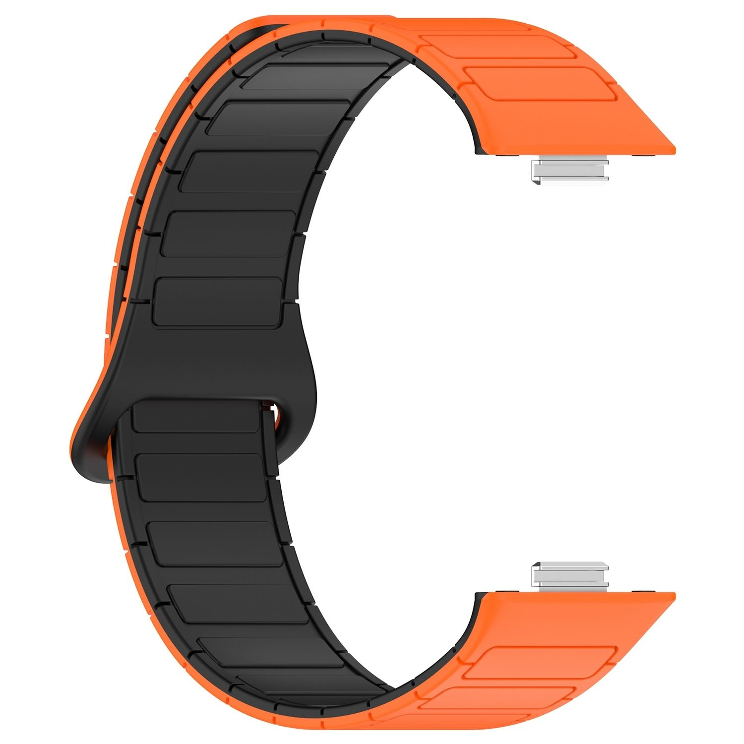 Ein schwarz-oranges Armband mit rechteckigem Muster und Metallverbindern.